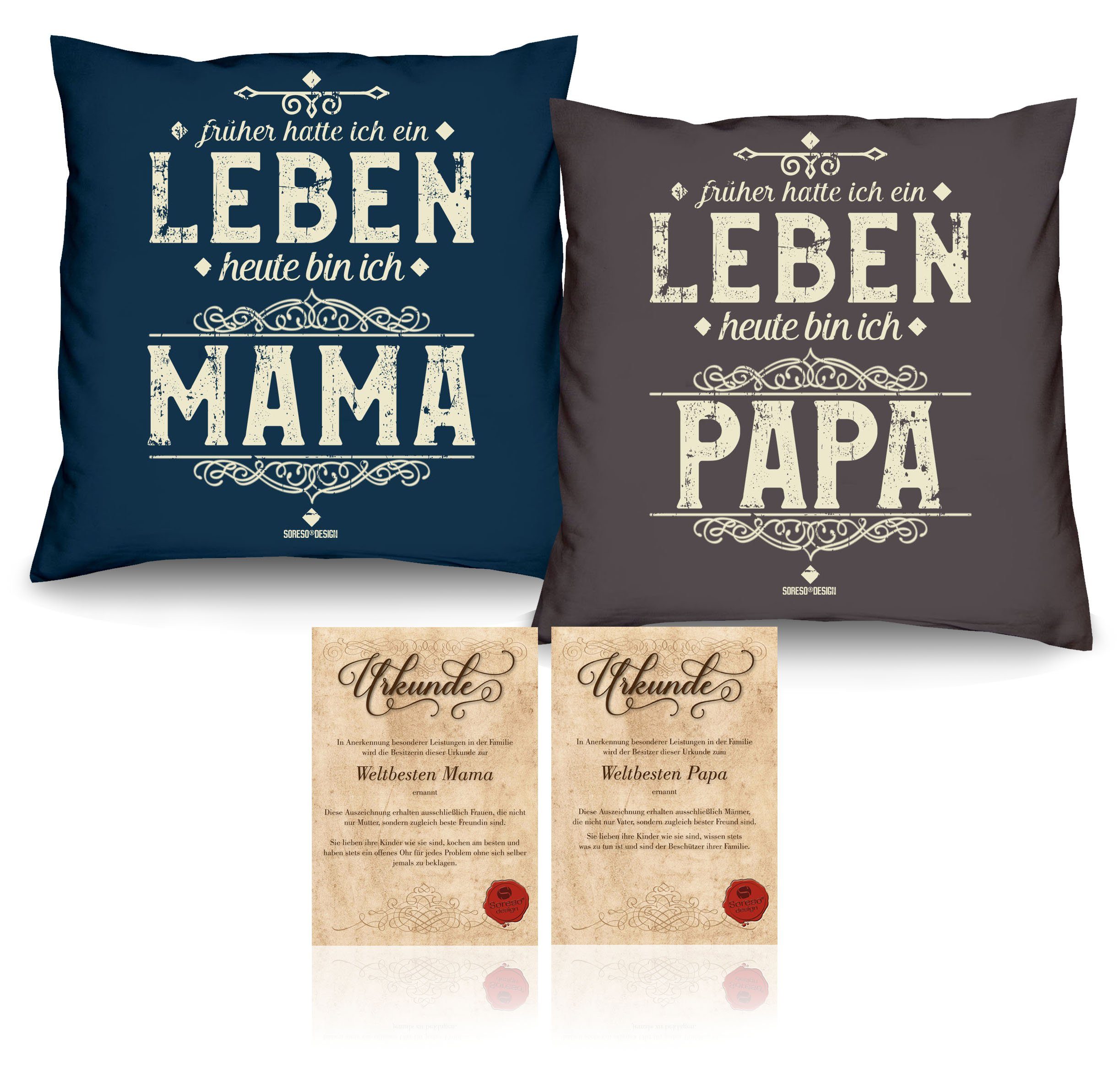 Soreso® Dekokissen Kissen-Set Heute bin ich Mama Heute bin ich Papa mit Urkunden, Geschenk Weihnachten Eltern anthrazit