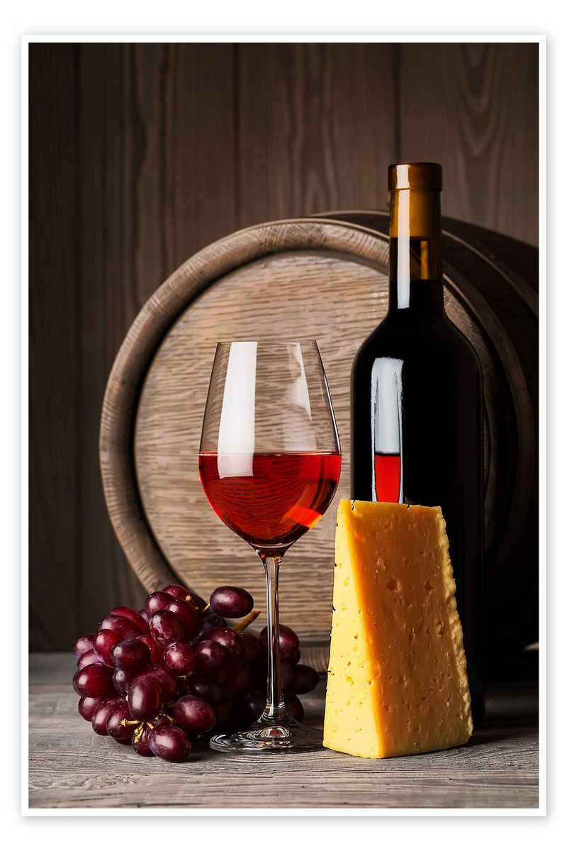 Posterlounge Poster Editors Choice, Rotwein mit Käse und Trauben, Mediterran Fotografie