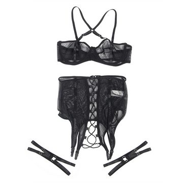 Lau-Fashion Negligé Transparent Netz Mesh Dessous Set Harness mit Bügel Strumpfband S/XL