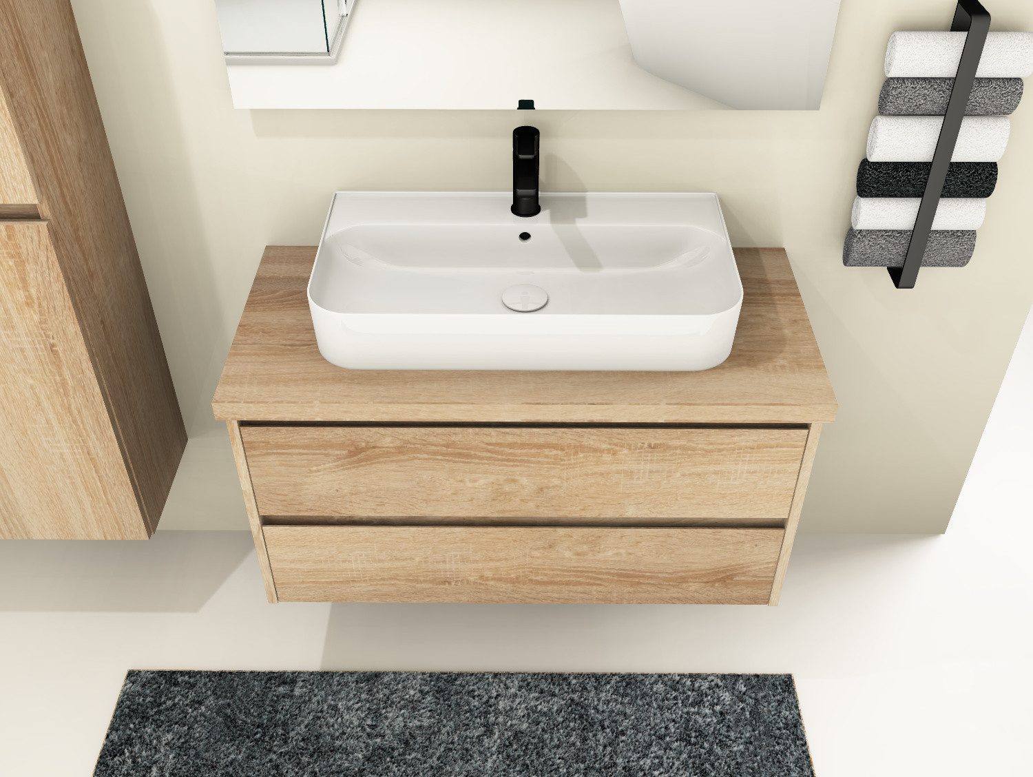 Aqua Bagno Badmöbel-Set Duo Waschplatz 100 cm Keramikbecken MDF Eiche Gold Soft-Close Badmöbel, (vormontiert, 3-St., Badmöbelschrank lackiert, Trägerplatte, Keramikwaschbecken)