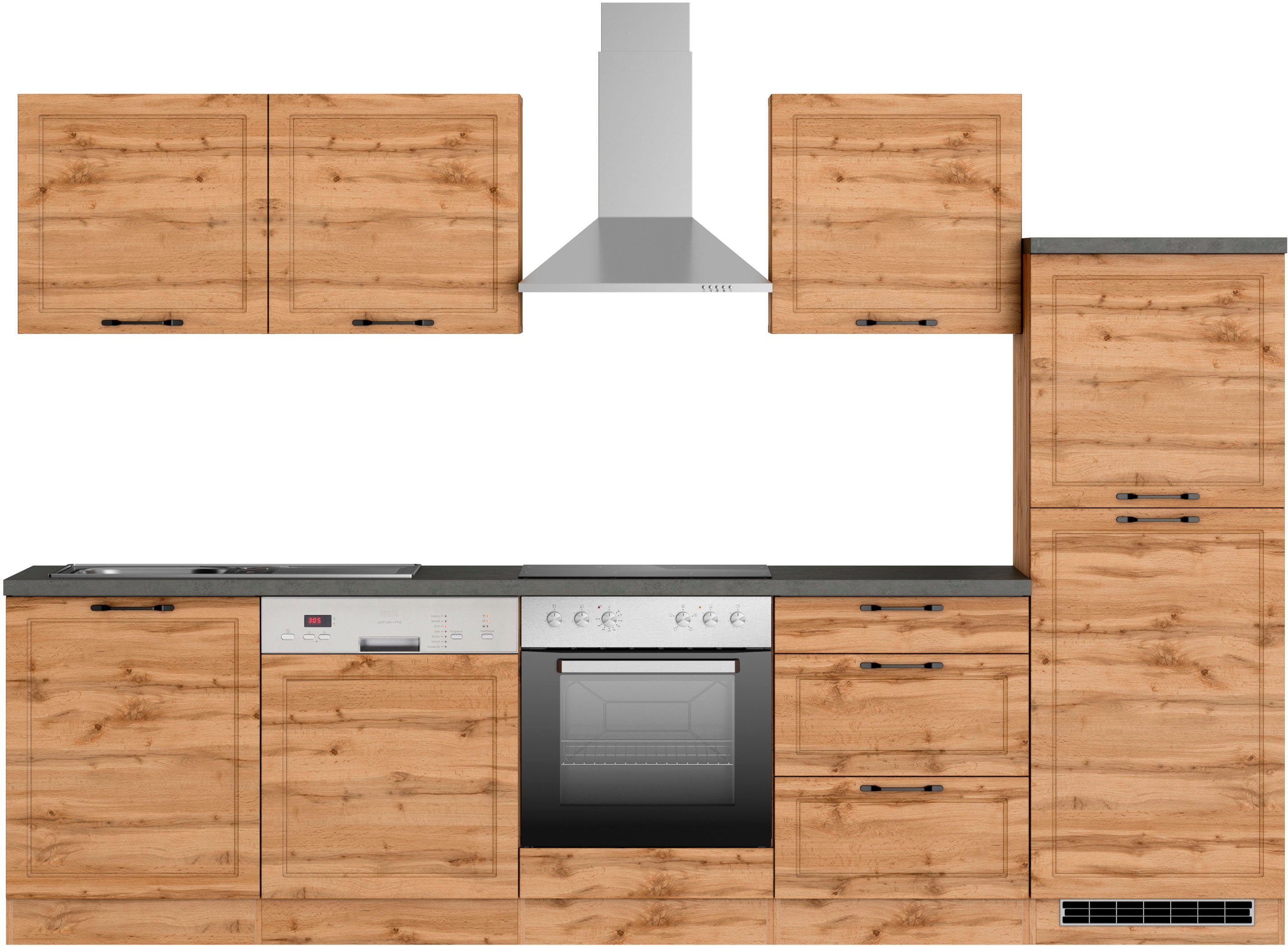 Kochstation Küchenzeile KS-Lani, mit MDF-Fronten, Breite 300 cm, wahlweise mit E-Geräten, Höhen-Ausgleichsfüße 0-4 cm