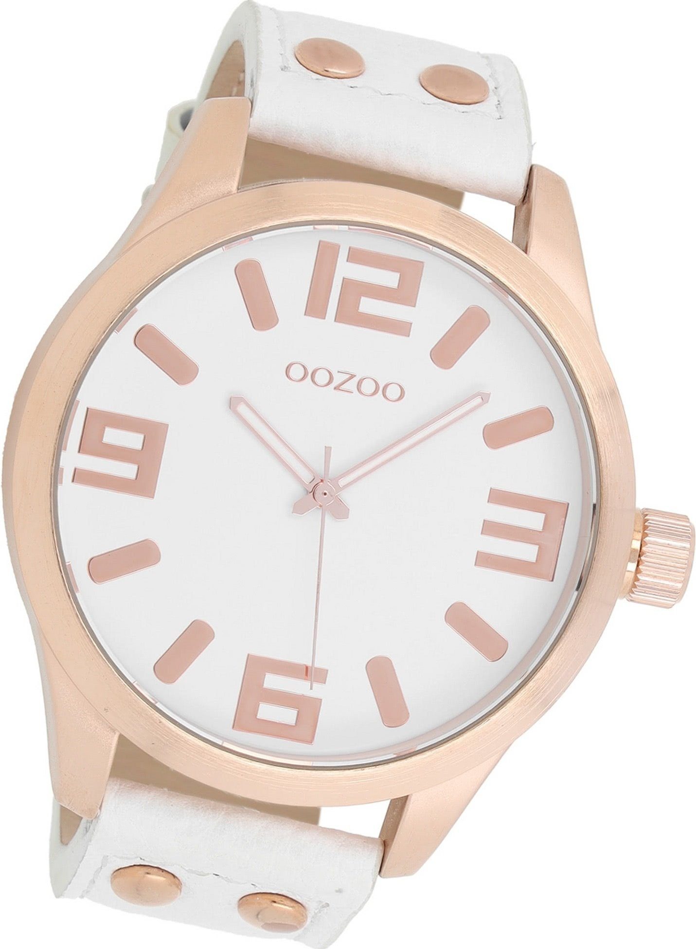 OOZOO Quarzuhr Oozoo Damen Armbanduhr Timepieces, (Analoguhr), Damenuhr Lederarmband weiß, rosegold, rundes Gehäuse, groß (ca. 51mm)