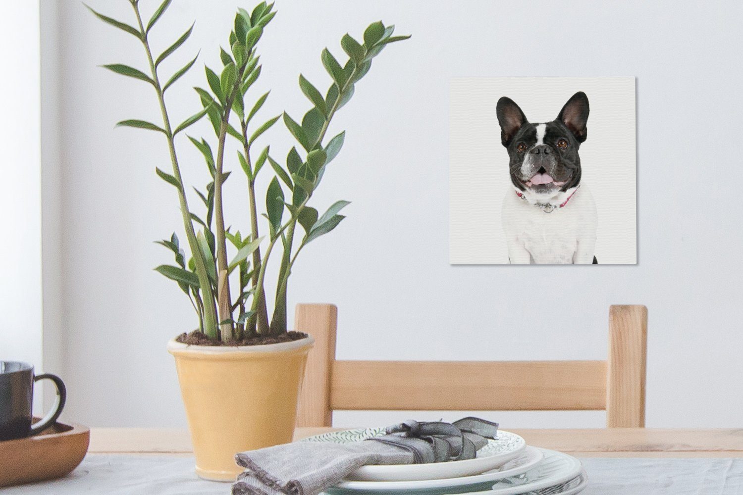 OneMillionCanvasses® Leinwandbild Französische Bulldogge - Bilder Schwarz Schlafzimmer für Wohnzimmer - Weiß, St), (1 Leinwand