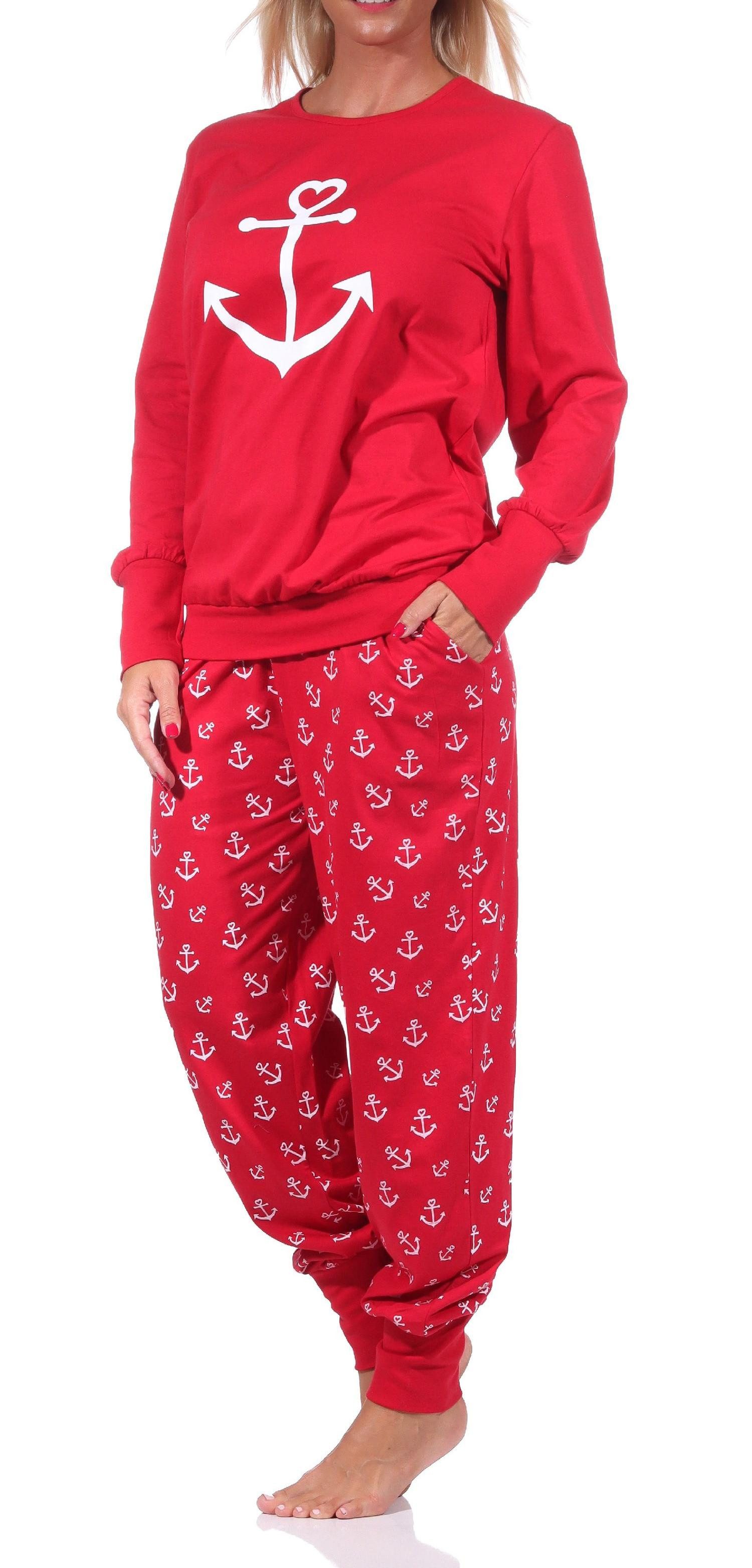 Normann Pyjama Damen Schlafanzug mit Bündchen in maritimer Optik mit Anker als Motiv – Bild 2 von 4