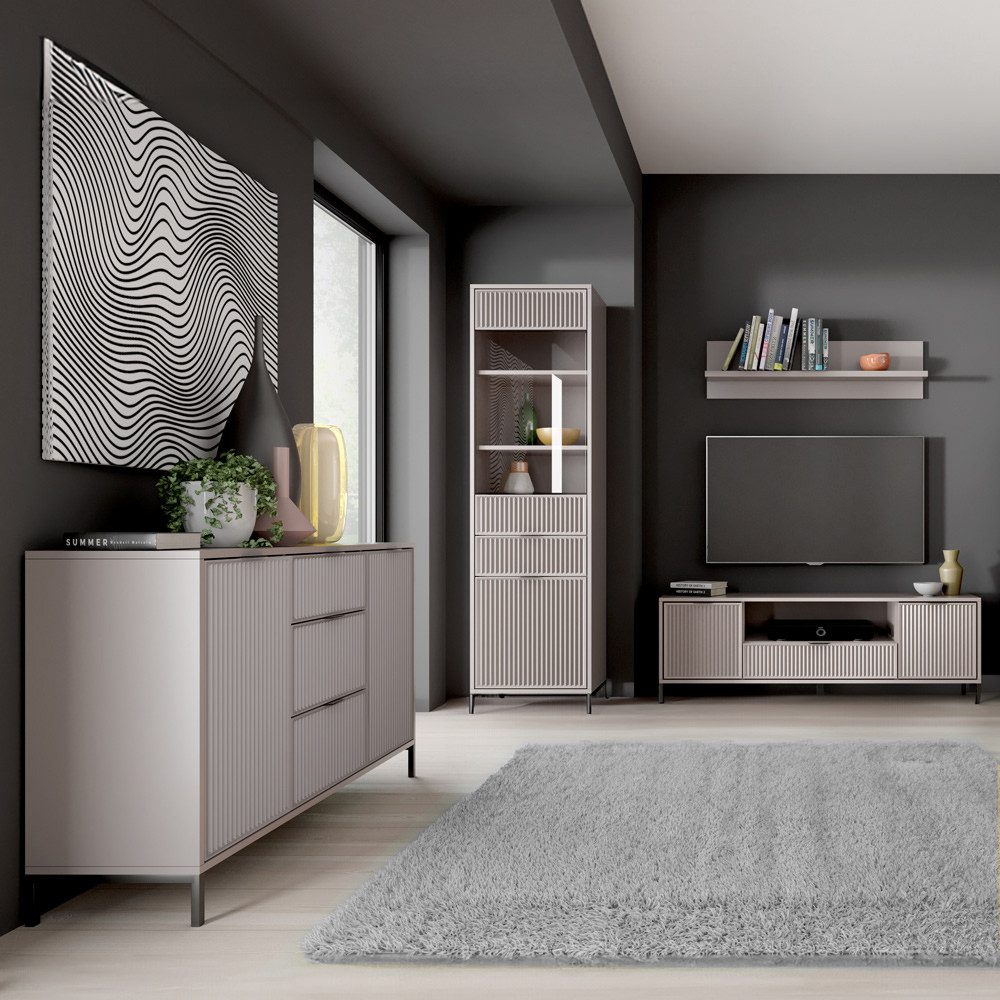 Lomadox Wohnwand LAURO-161, (4-St., Kommode Vitrine Wandregal Lowboard), Wohnzimmer Set Kaschmir beige modern mit Rillenoptik