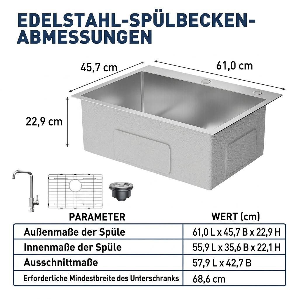 GarveeMore Küchenspüle Aufsatz‑Einbecken aus 304‑Edelstahl 16G, mit Ausziehhahn & Zubehör, schalldämpfend, für Küche‑Hauswirtschaftsraum, Spüle mit Ausziehhahn – Bild 2 von 5