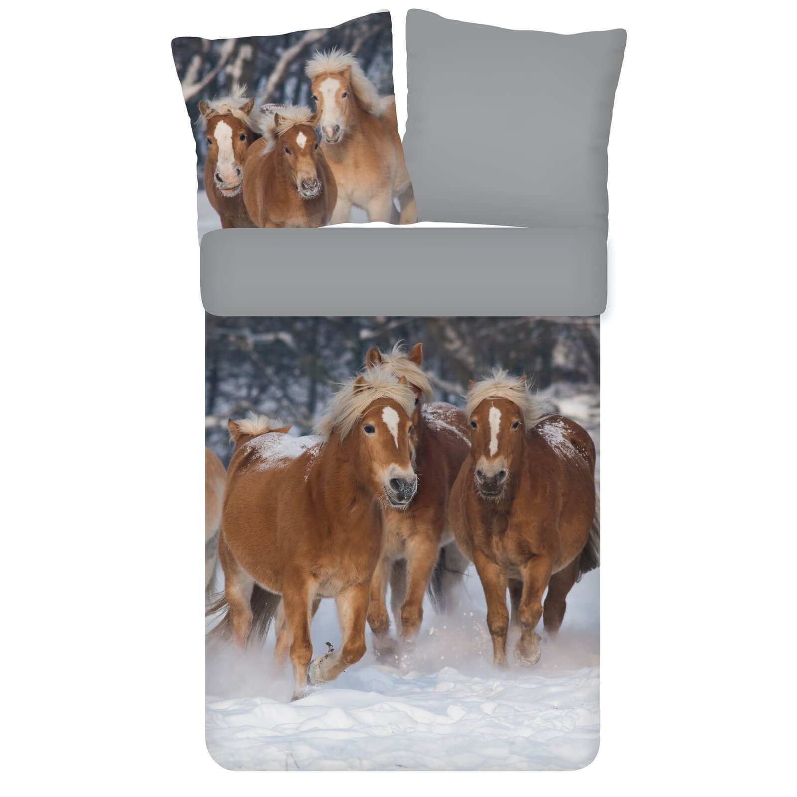 ESPiCO Kinderbettwäsche Pferde Flanell Trendy Bedding, Flanell, 2 teilig, Pferde, Schnee