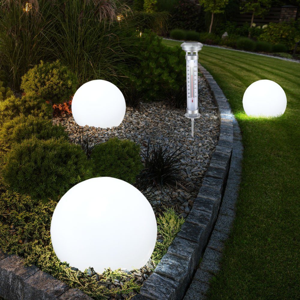 LED-Leuchtmittel Globo Kugel Außenlampe LED Solarleuchte LED fest Akku Gartenleuchte, Thermometer Warmweiß, Solarlampe verbaut,