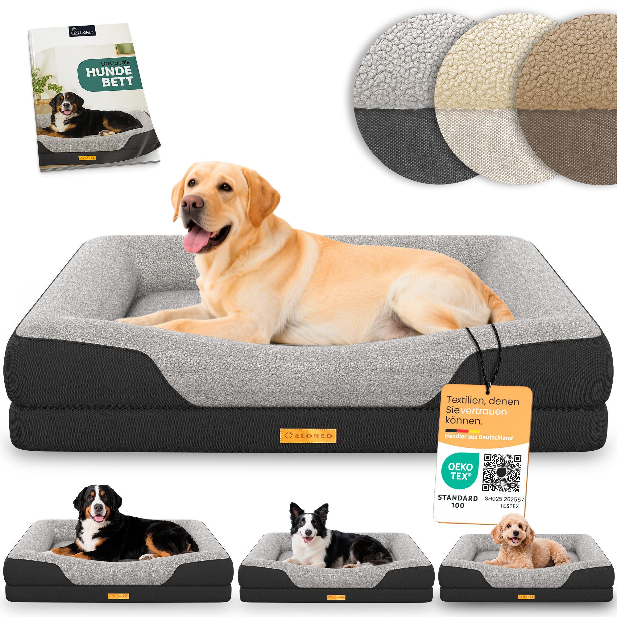 ELONEO Hundebett ELONEO - Orthopädisches Premium Hundebett, gelenkschonend, waschbar, Aus kuscheligem Sherpa-Fleece und strapazierfähigem Sofastoff