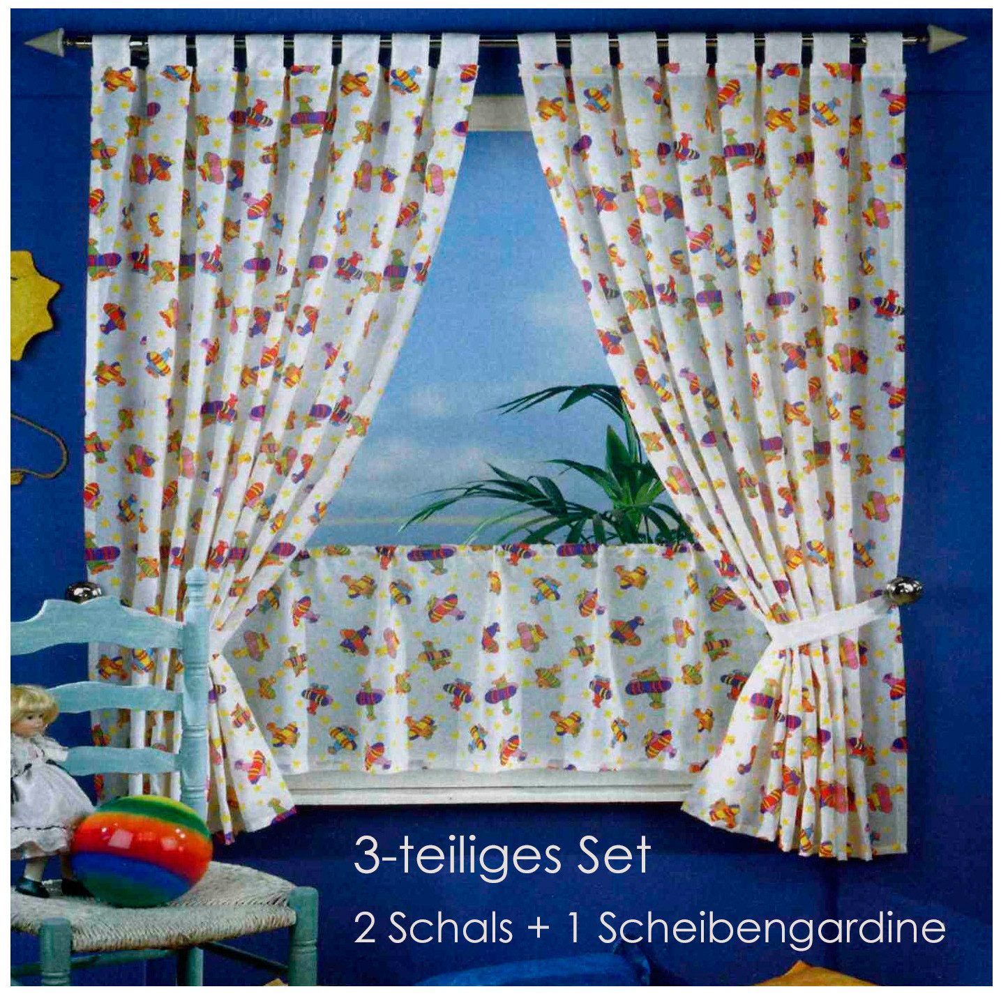 heimtexland Vorhang Kindergardine Fensterdeko Kinderzimmer bedruckt, Schlaufen, halbtransparent, Polyester, halbtransparent I 2 Vorhänge I 1 Scheibengardine I Batist