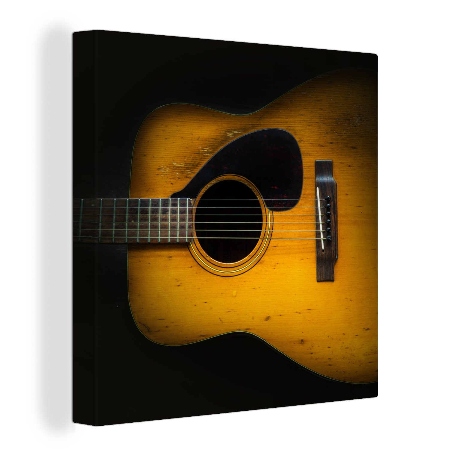 OneMillionCanvasses® Leinwandbild Alte akustische Gitarre auf dunklem Hintergrund, (1 St), Leinwand Bilder für Wohnzimmer Schlafzimmer
