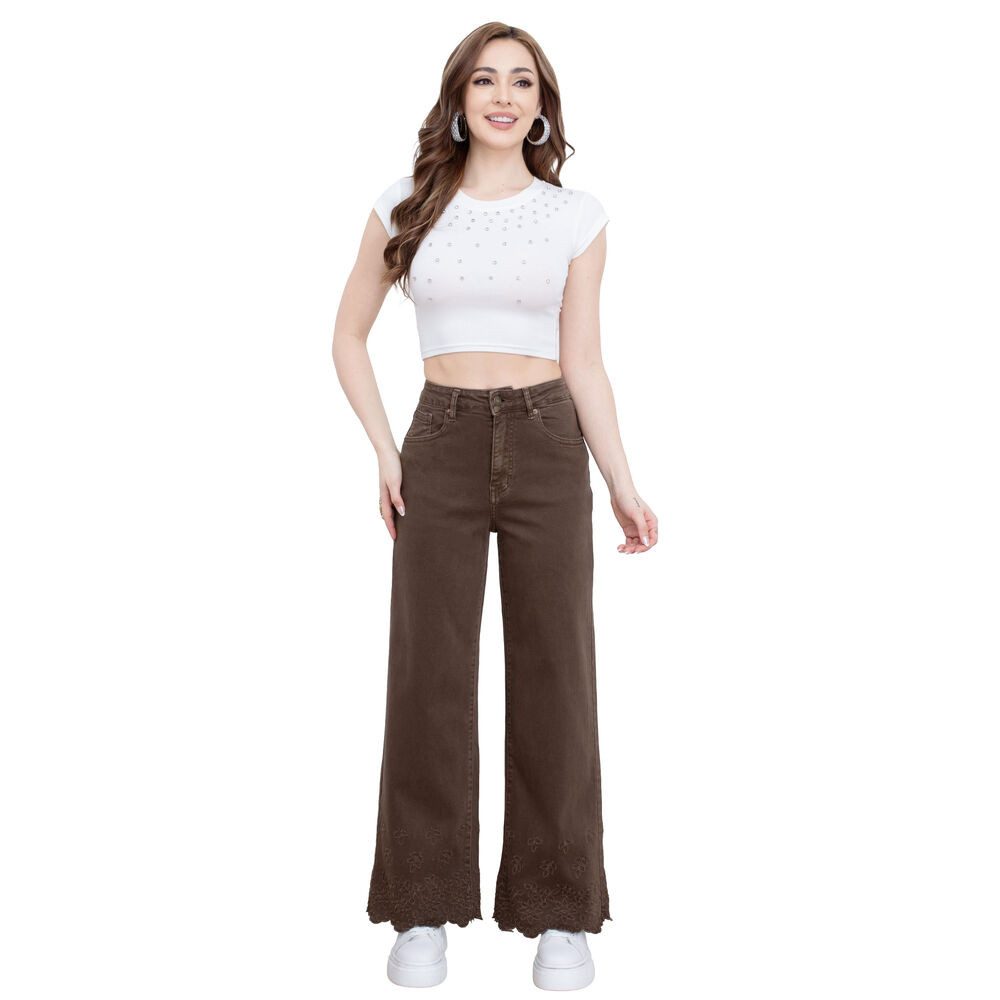 Ital-Design Dad-Jeans Damen High Waist Flared Jeans mit Saumdetail (91767209) Bestickt Stretch High Waist Jeans in Braun – Bild 4 von 5