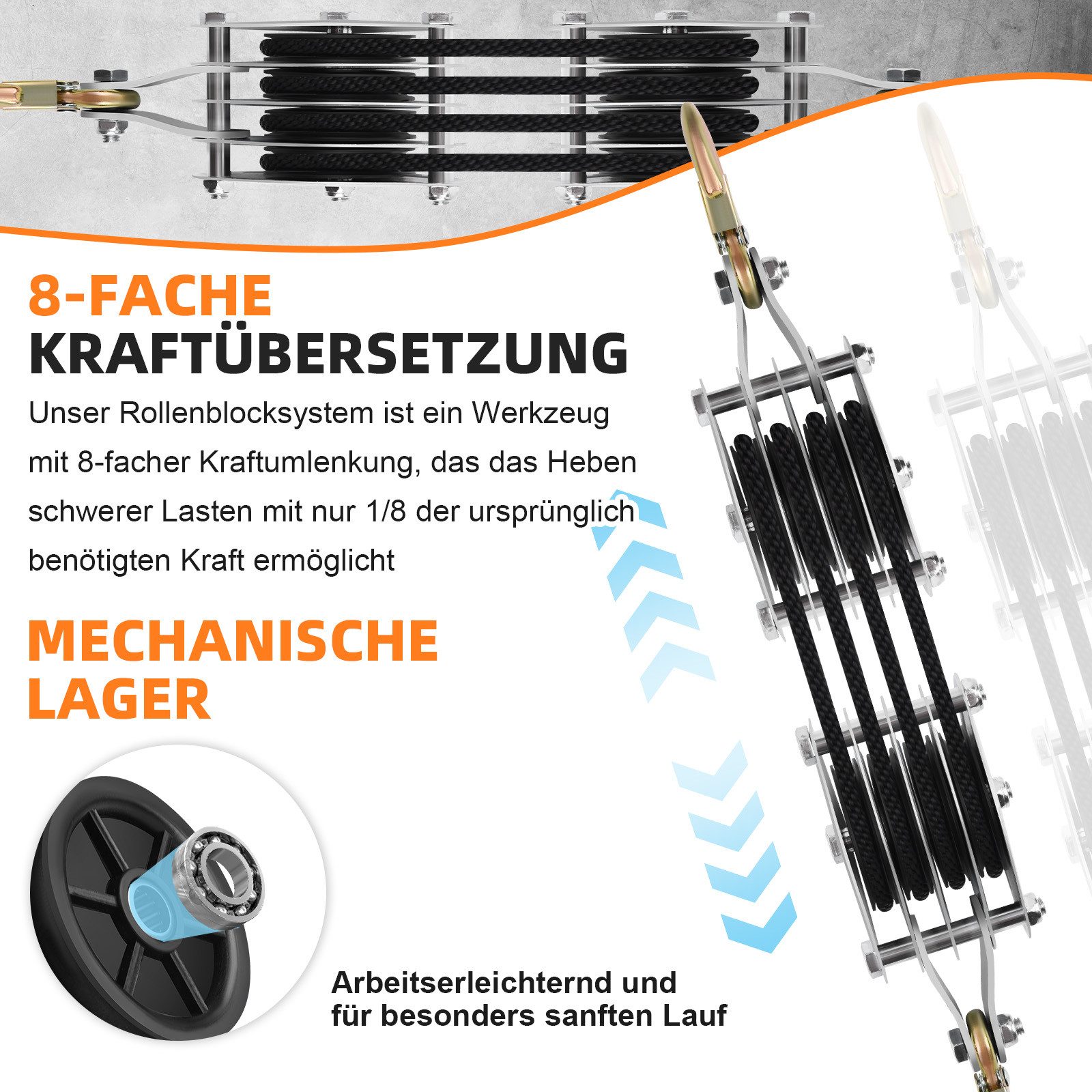 JOYOLEDER Seilzug Flaschenzug Maximale Kapazität: 2000 kg, mit 20 m Seil, Seilzug, (mit Umlenkrolle, Handseilwinde bis 2.5 m Hubhöhe, Handseilzug 8:1)