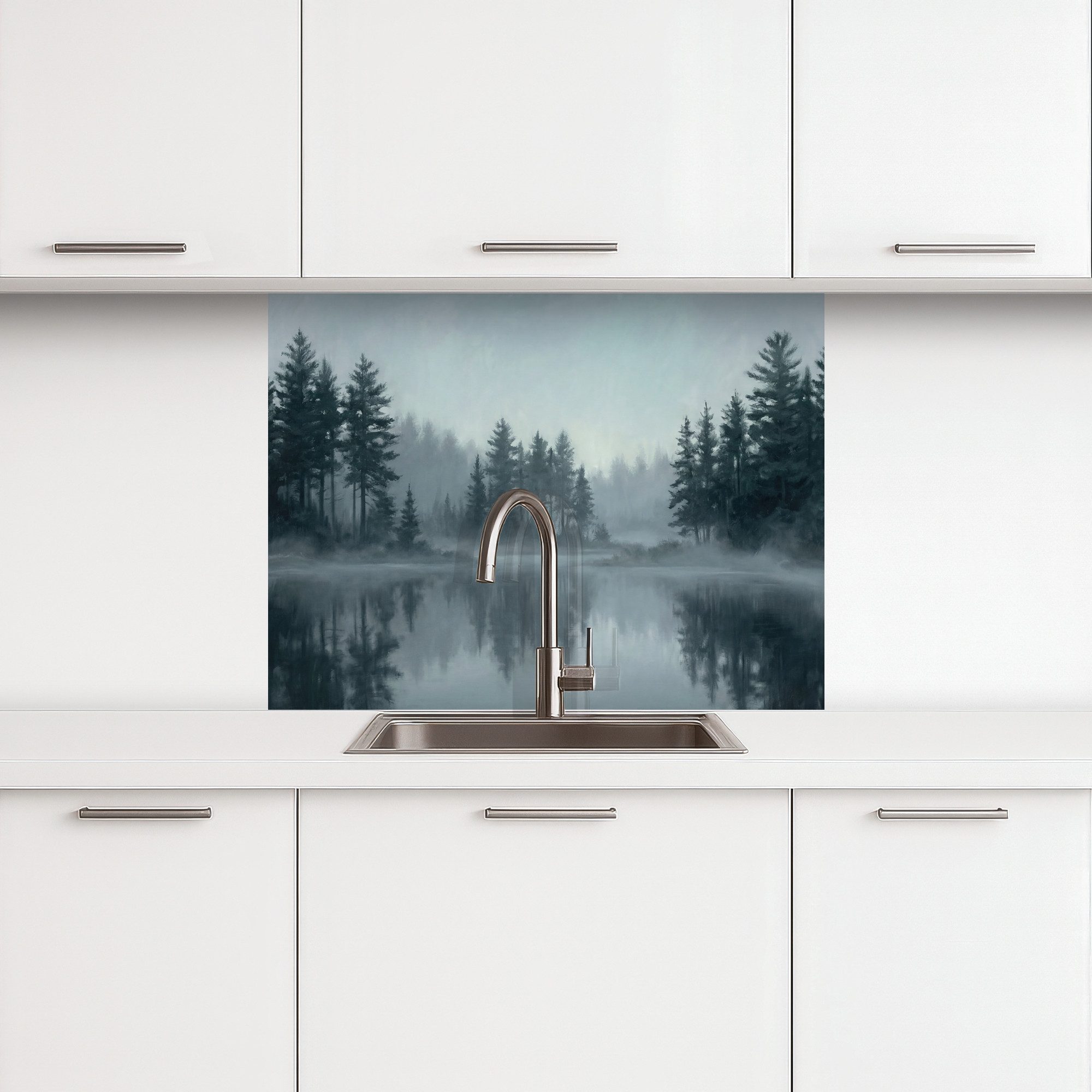 KitchenYeah Küchenrückwand selbstklebend (keine Folie) Wald - See - Nebel - Natur - Grau, (1-tlg), Spritzschutz, Küche, Rückwand, Küchenwand, Küchenfront, 80x60 cm