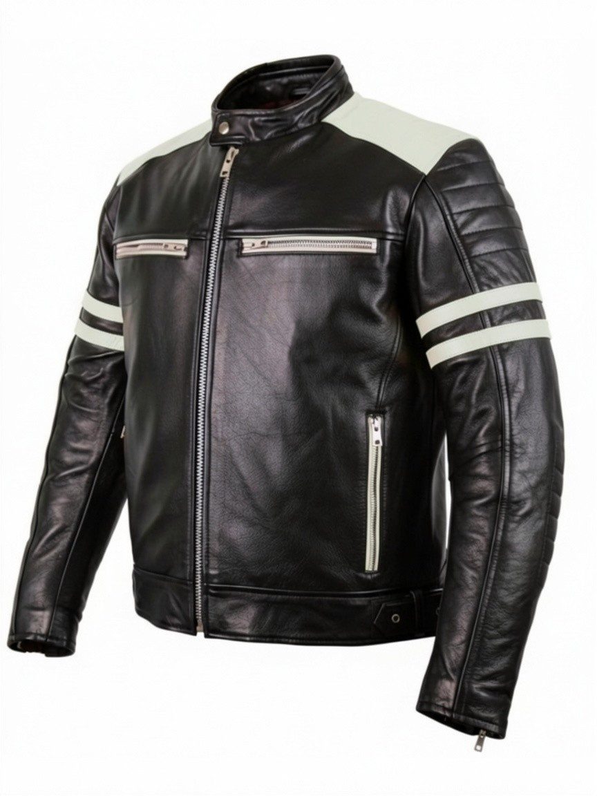 MDM Lederjacke Herren Motorrad Lederjacke Retro mit Streifen und Protektoren echtem Rindsleder, herausnehmbarem Thermofutter