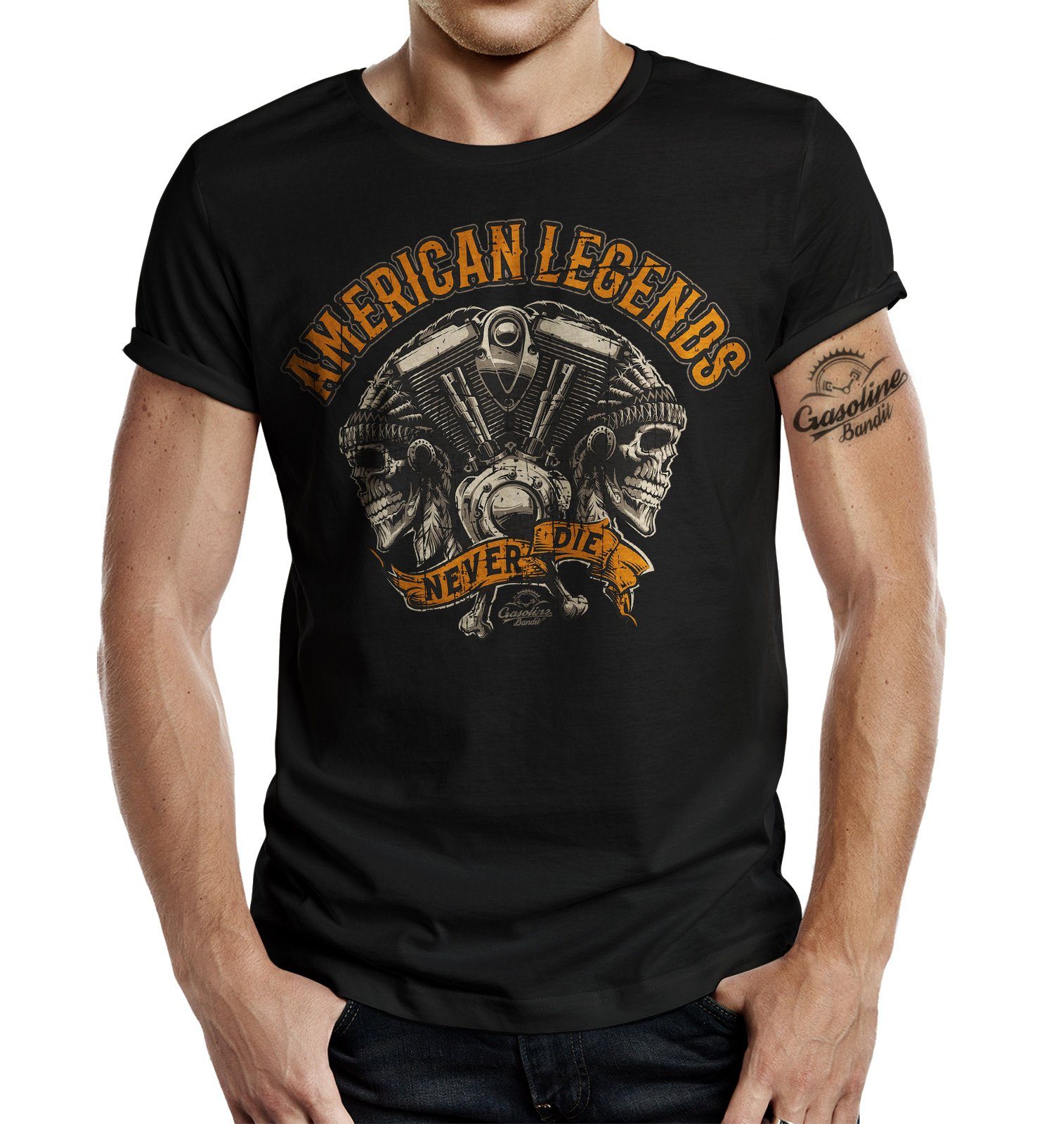 GASOLINE BANDIT® T-Shirt für US Biker Fans: American Legends Never Die