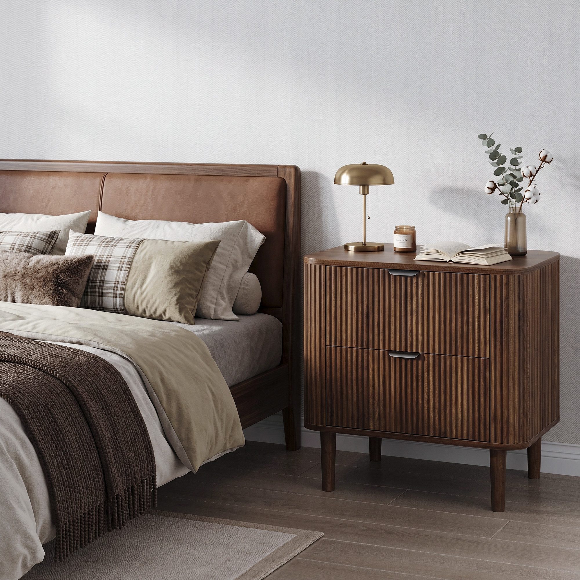 Celya Nachttisch aus Holz mit Rillenstruktur und 2 Schubladen (1er-set, geschwungener Nachttisch, Aufbewahrungsmöbel fürs Schlafzimmer) – Bild 5 von 5