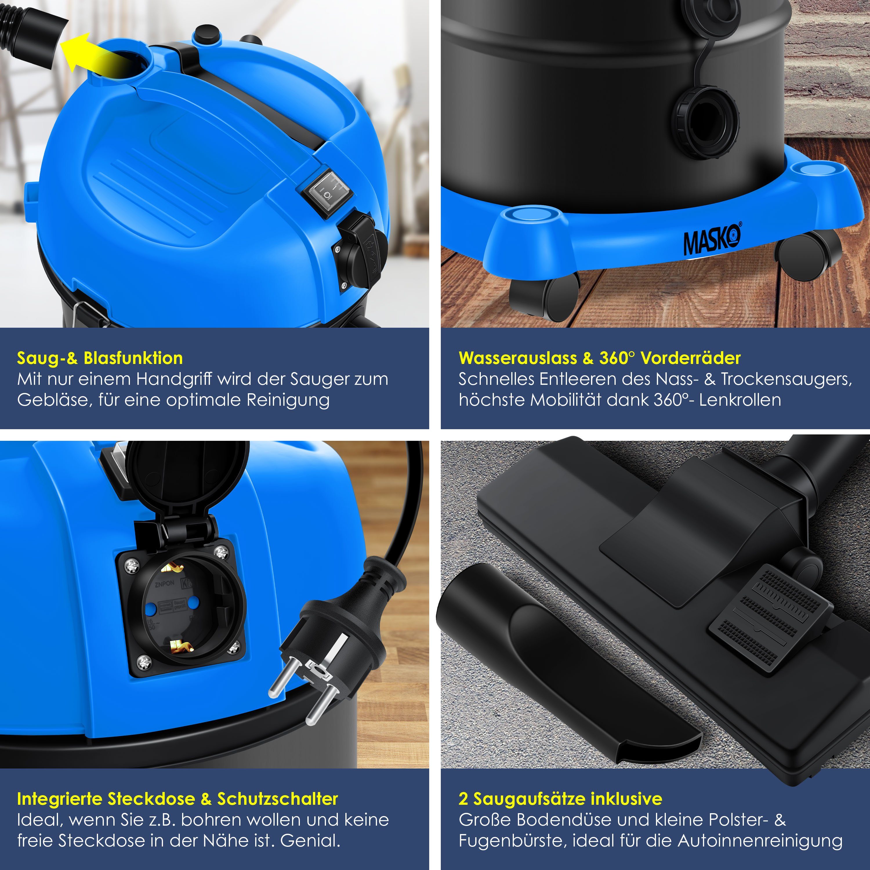 MASKO Industriesauger, 2300 W, 6IN1 Industriestaubsauger Staubsauger Nass Trocken Sauger