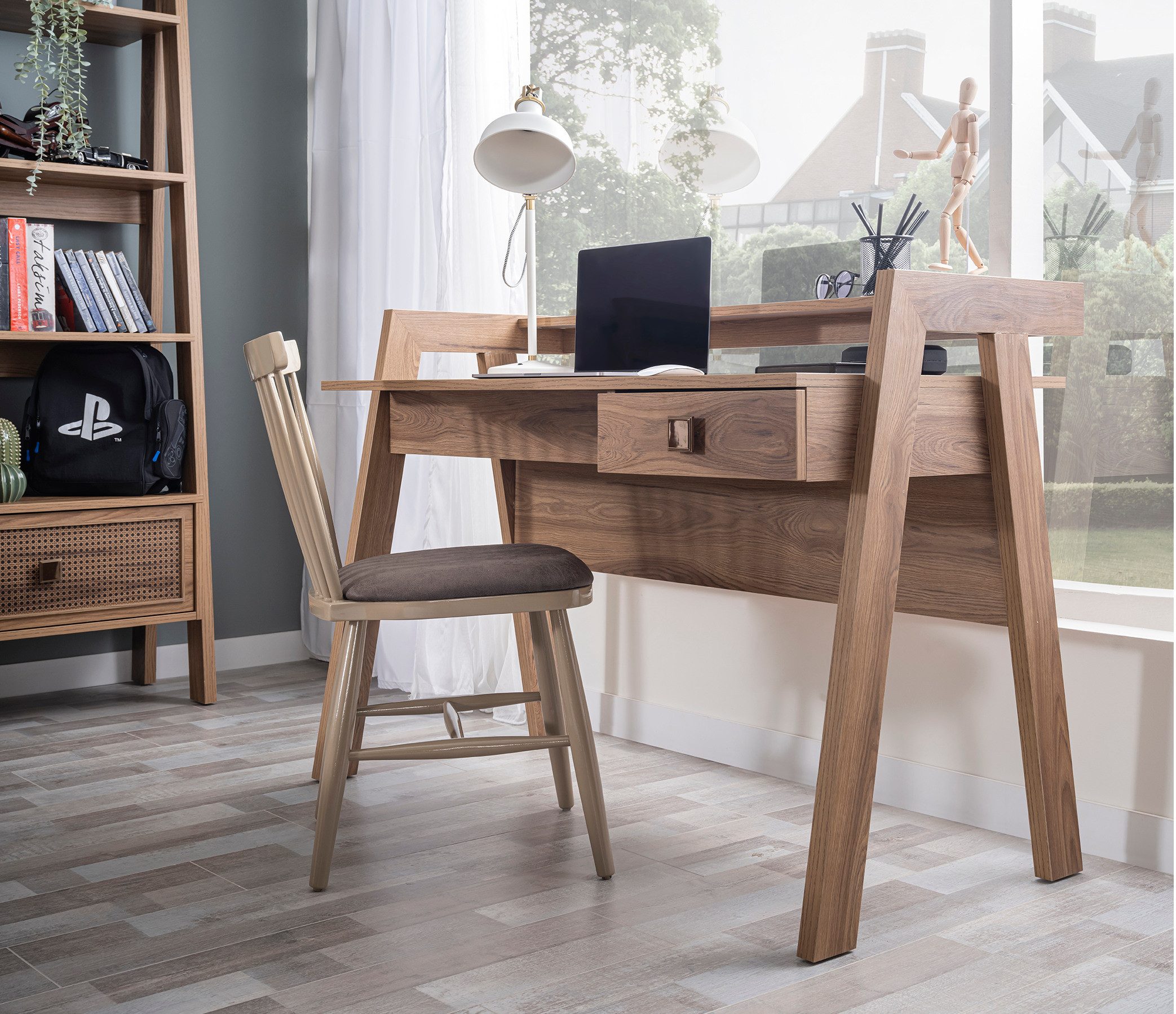 Möbel-Zeit Schreibtisch TRIO – A-Form Design in Holzoptik – Mit 2x USB & Schublade