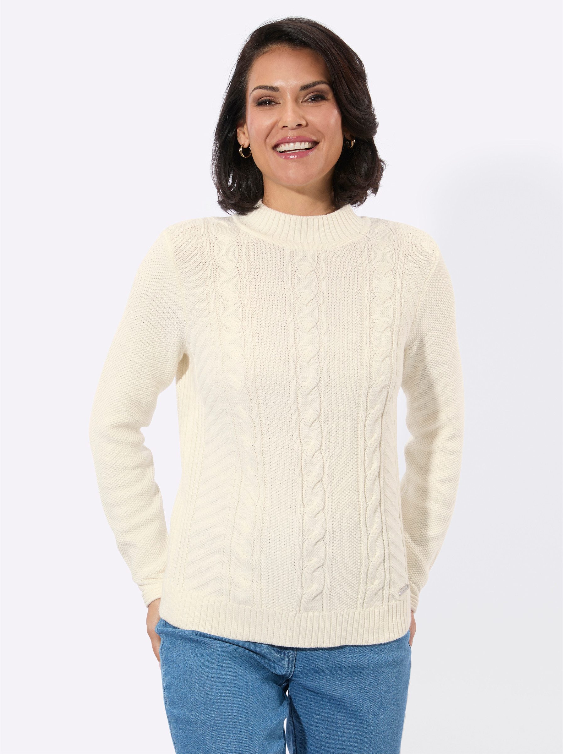 Strickpullover Stehkragen-Pullover Langarm Zopfmuster