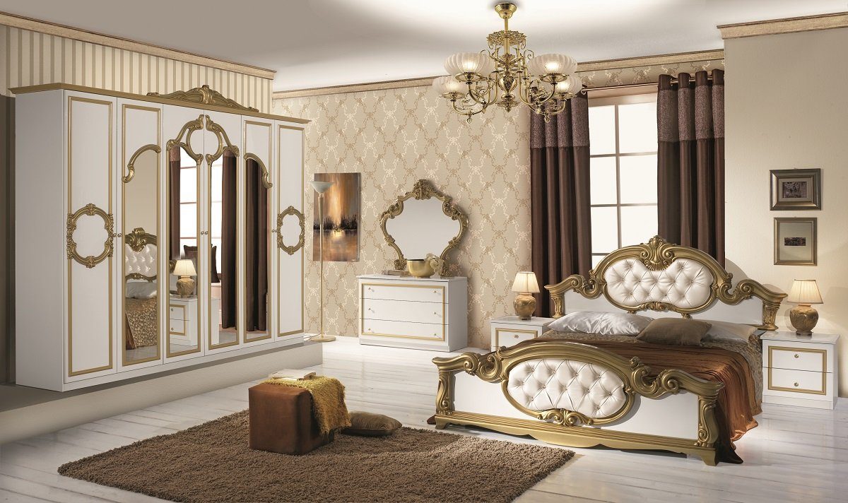 Interdesign24 Schlafzimmer-Set Barokko, klassischer Barock Stil in Weiss/Gold Hochglanz 6-Teilig