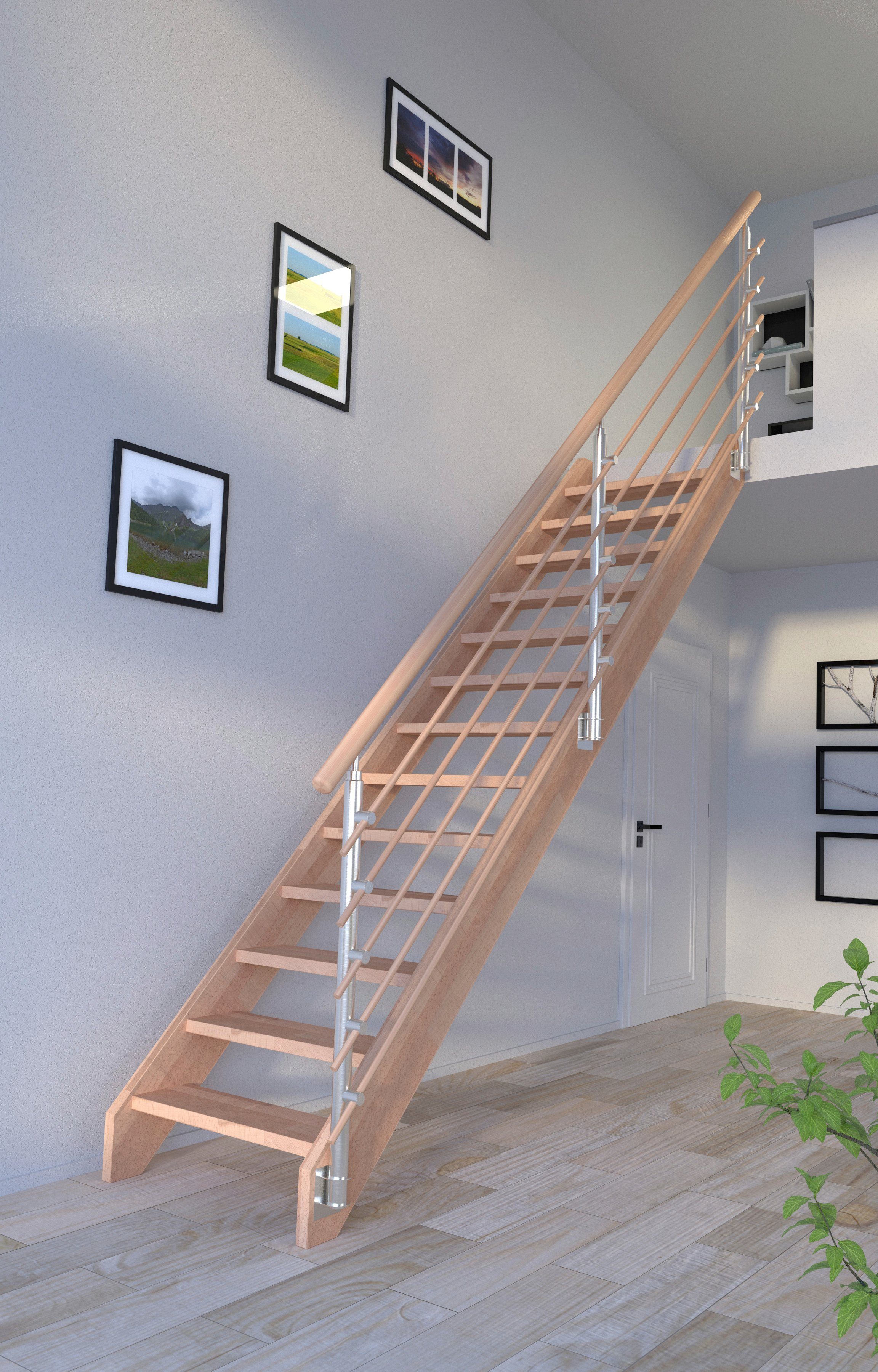 Starwood Systemtreppe Massivholz Mykonos, Design-Geländer Holzrundstäbe, für Geschosshöhen bis 280 cm, Stufen offen, Durchgehende Wangenteile