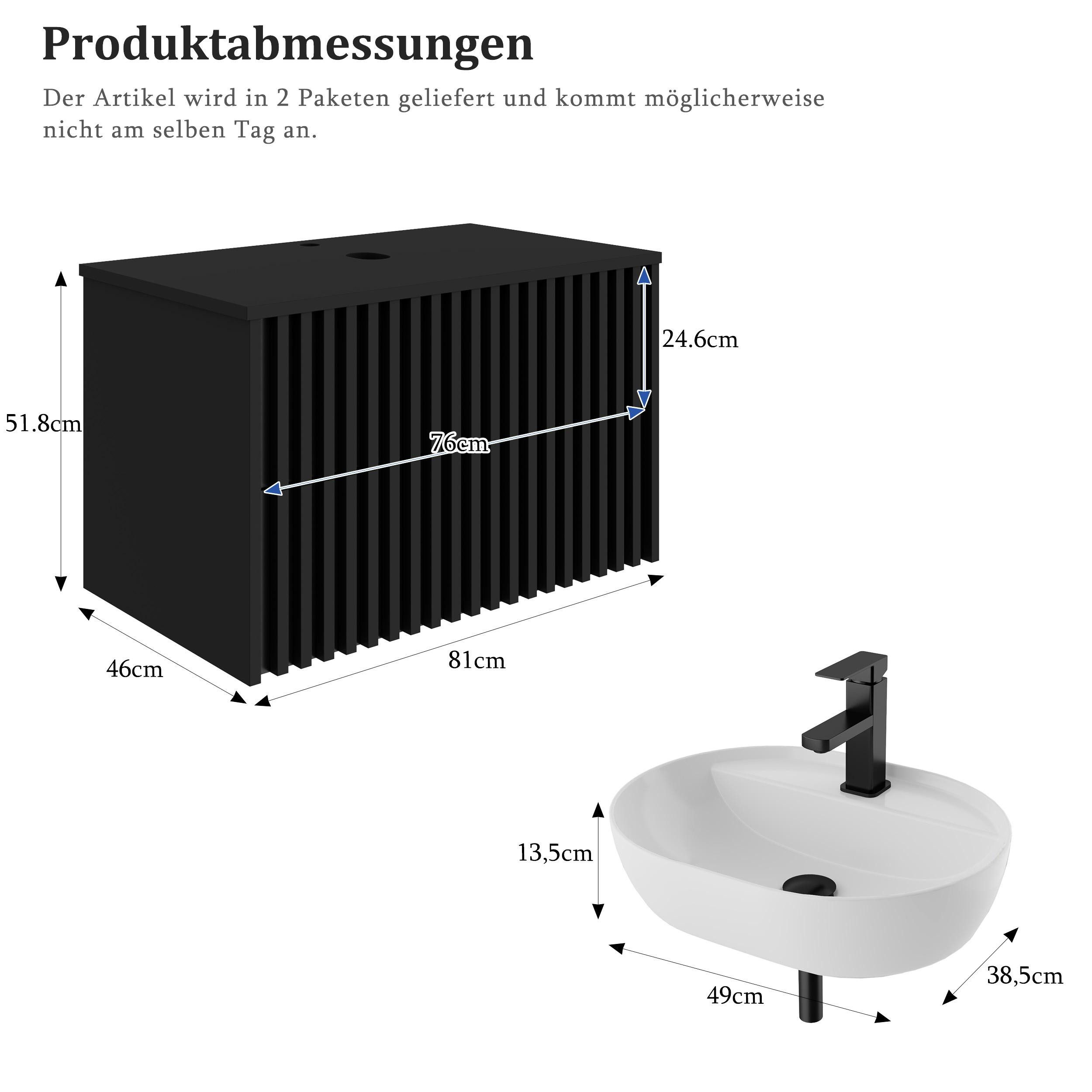 UEV Waschtisch mit Unterschrank hängend Ovales Keramikwaschbecken (Komplett-Set Badmöbel, Badezimmmer Schrank, mit Wasserhahn und Pop-up-Ablassventil Aufsatz-Wa – Bild 4 von 5