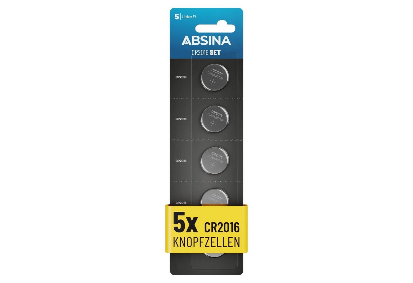 ABSINA CR2016 Knopfzelle 5er Pack - CR 2016 Knopfzelle 3V, Batterie CR2016 Knopfzelle, (1 St)
