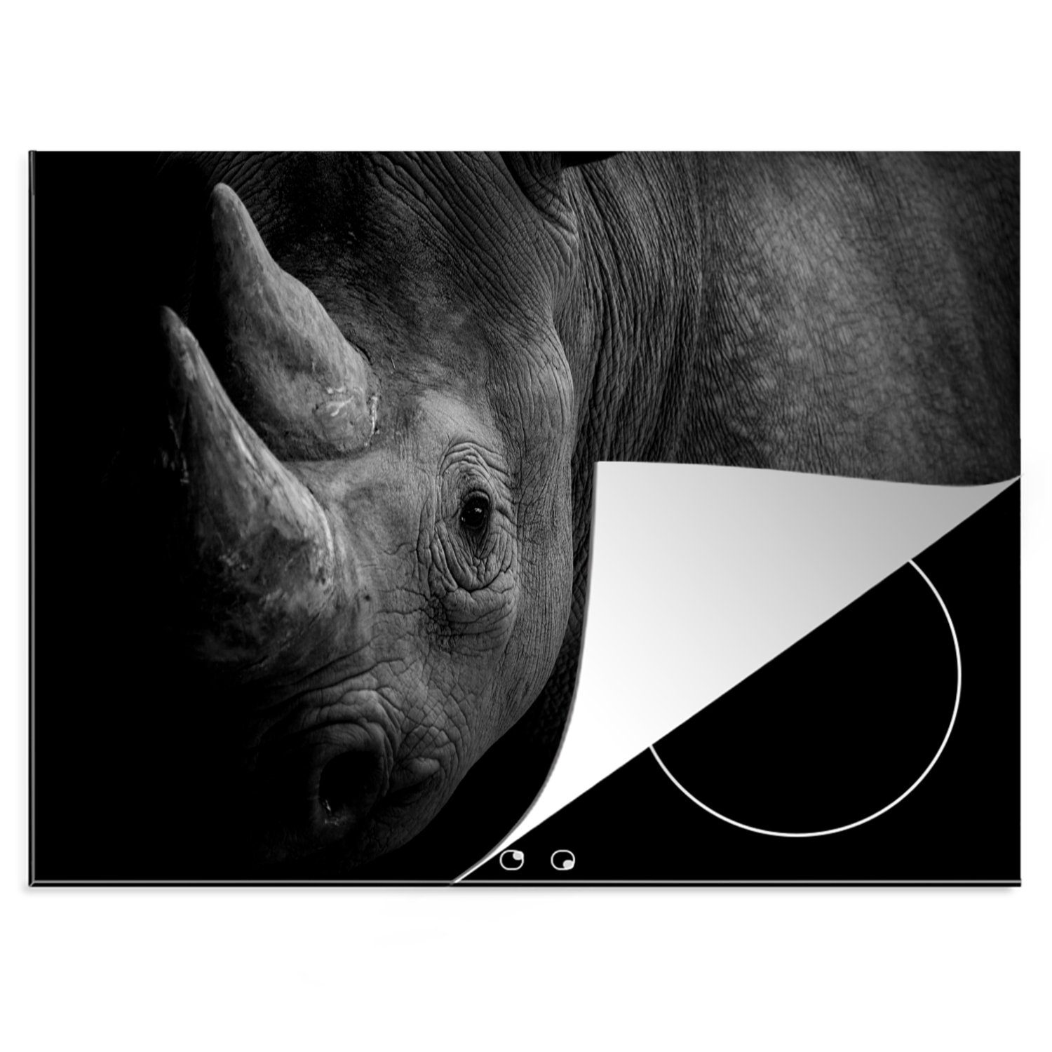 MuchoWow Herdblende-/Abdeckplatte Nashorn nutzbar, cm, - Arbeitsfläche Vinyl, der Ceranfeldabdeckung schwarz-weiß, Seite 70x52 tlg), Mobile von Nahaufnahme (1