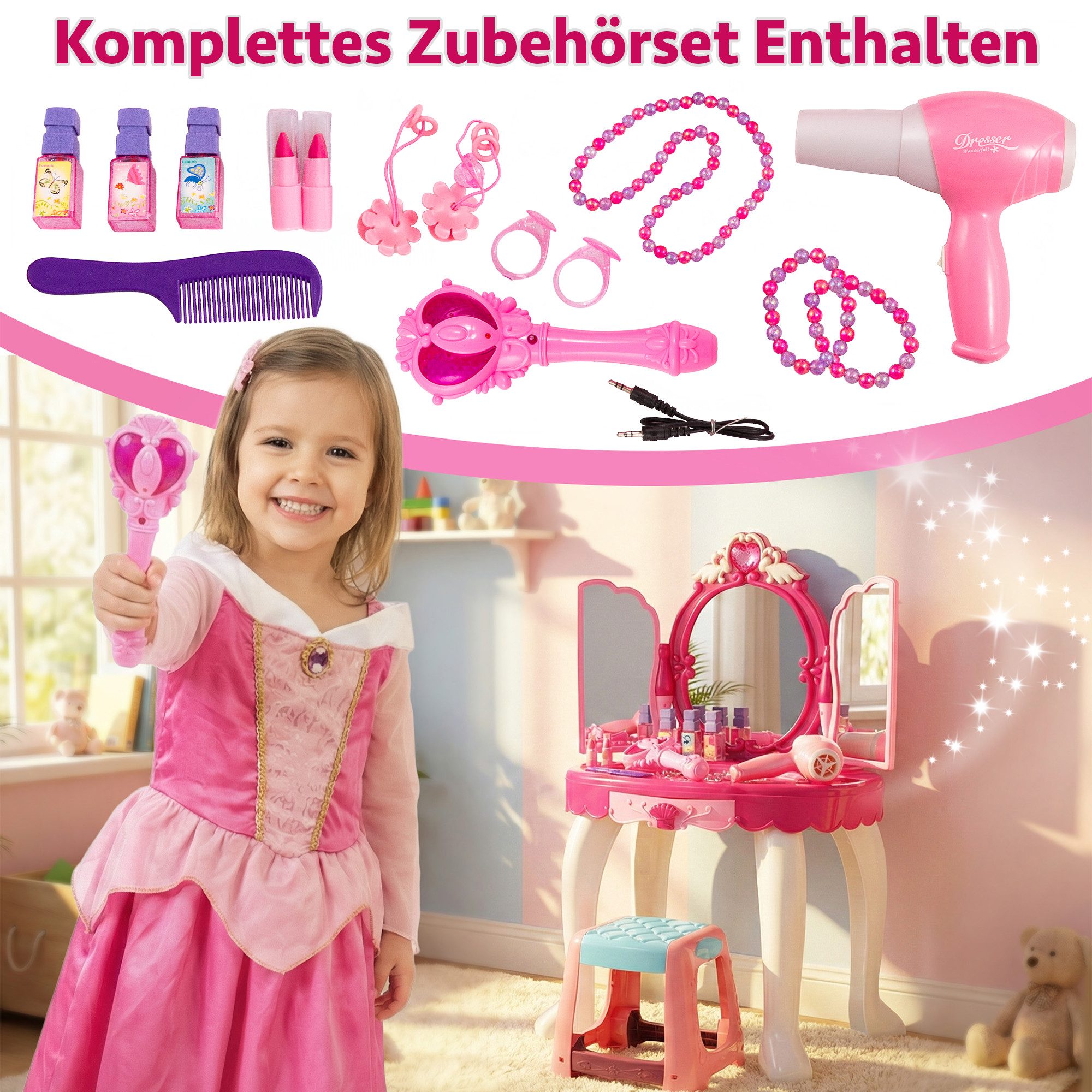 kinderplay Schminktisch Rosa Kinder Schminktisch – MP3 & Licht – Mädchen Spielset, Interaktiver Schminktisch mit Licht