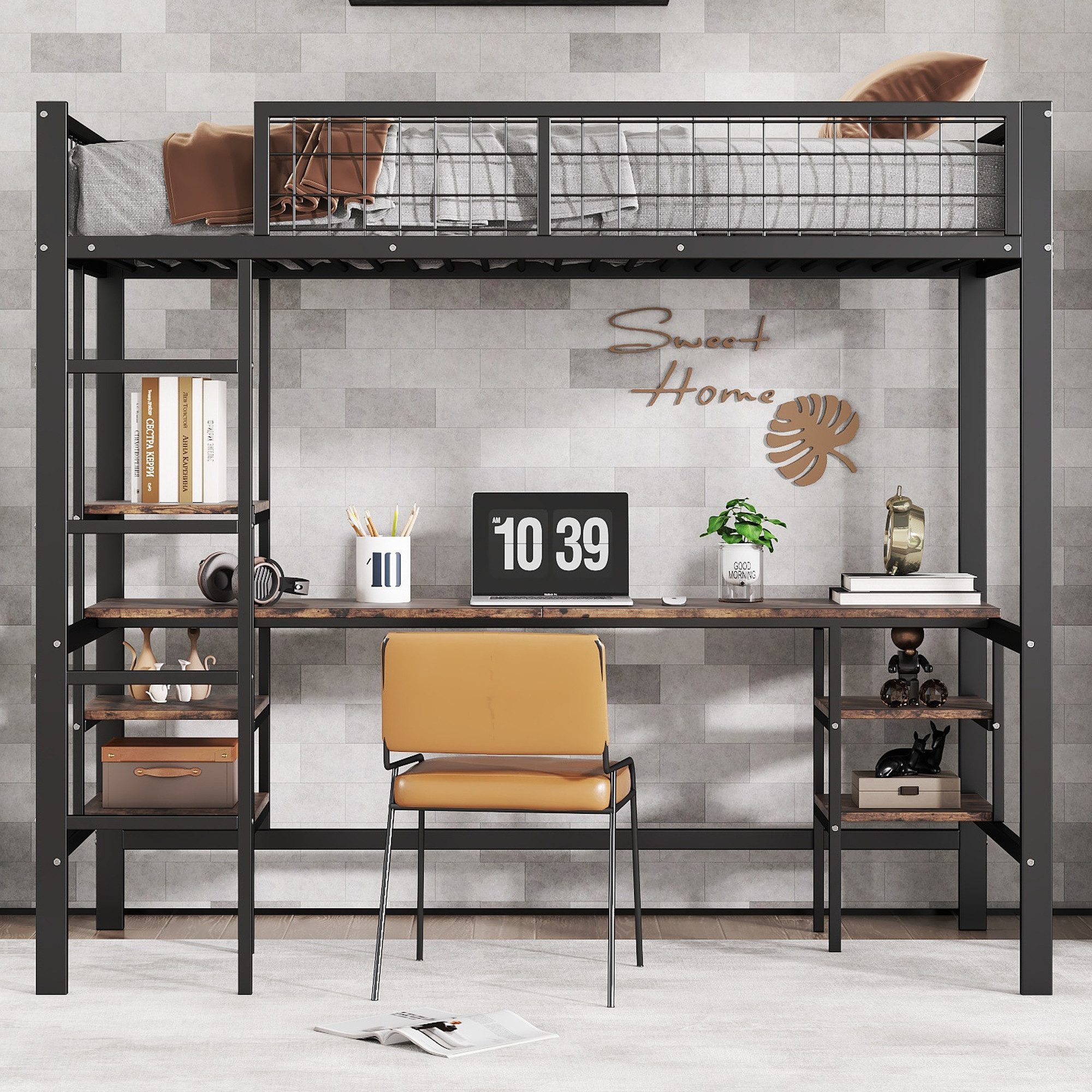 Merax Hochbett (1-St) Eisen Etagenbett 90x200cm mit Schreibtisch, Regal & 4-stufige Leiter – Bild 4 von 5