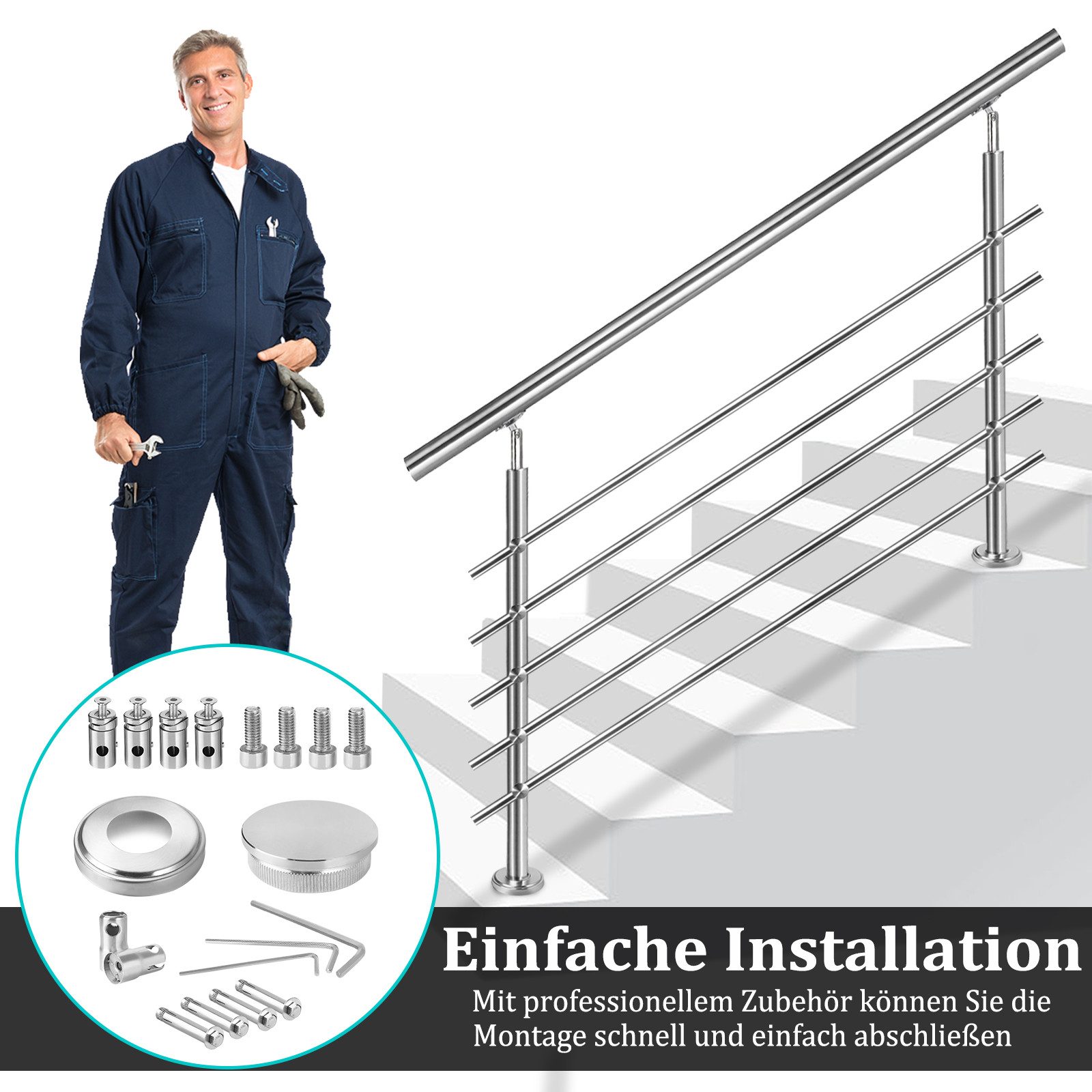 FIVMEN Treppengeländer Handlauf Edelstahl Geländer mit 2 Pfosten Brüstungsgeländer, 80 cm Länge, 5-tlg., für Treppen, Brüstung, Balkon – Bild 5 von 5