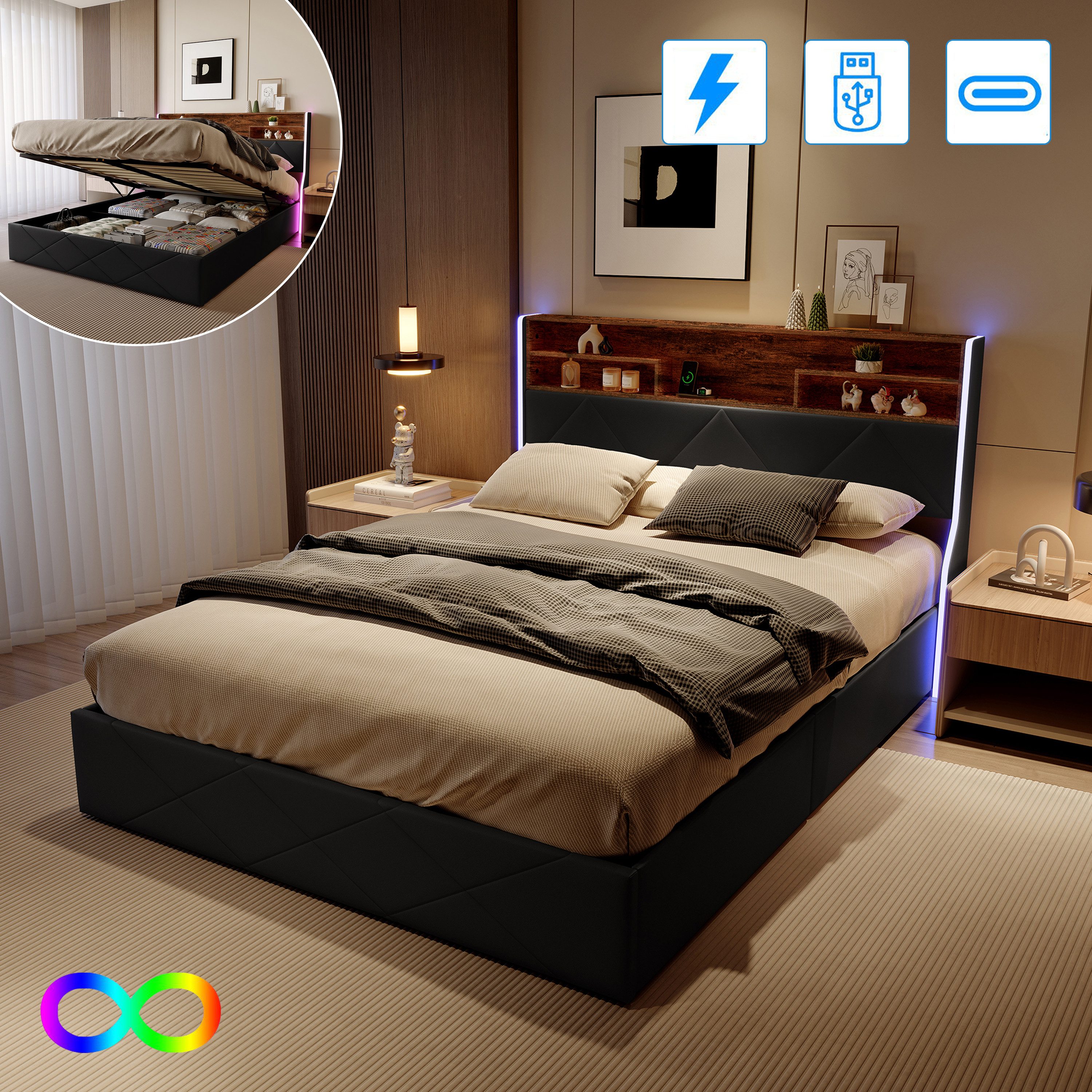 Gdood Polsterbett Stauraumbett Doppelbett LED USB (1 tlg., Hydraulisch hebb günstig online kaufen