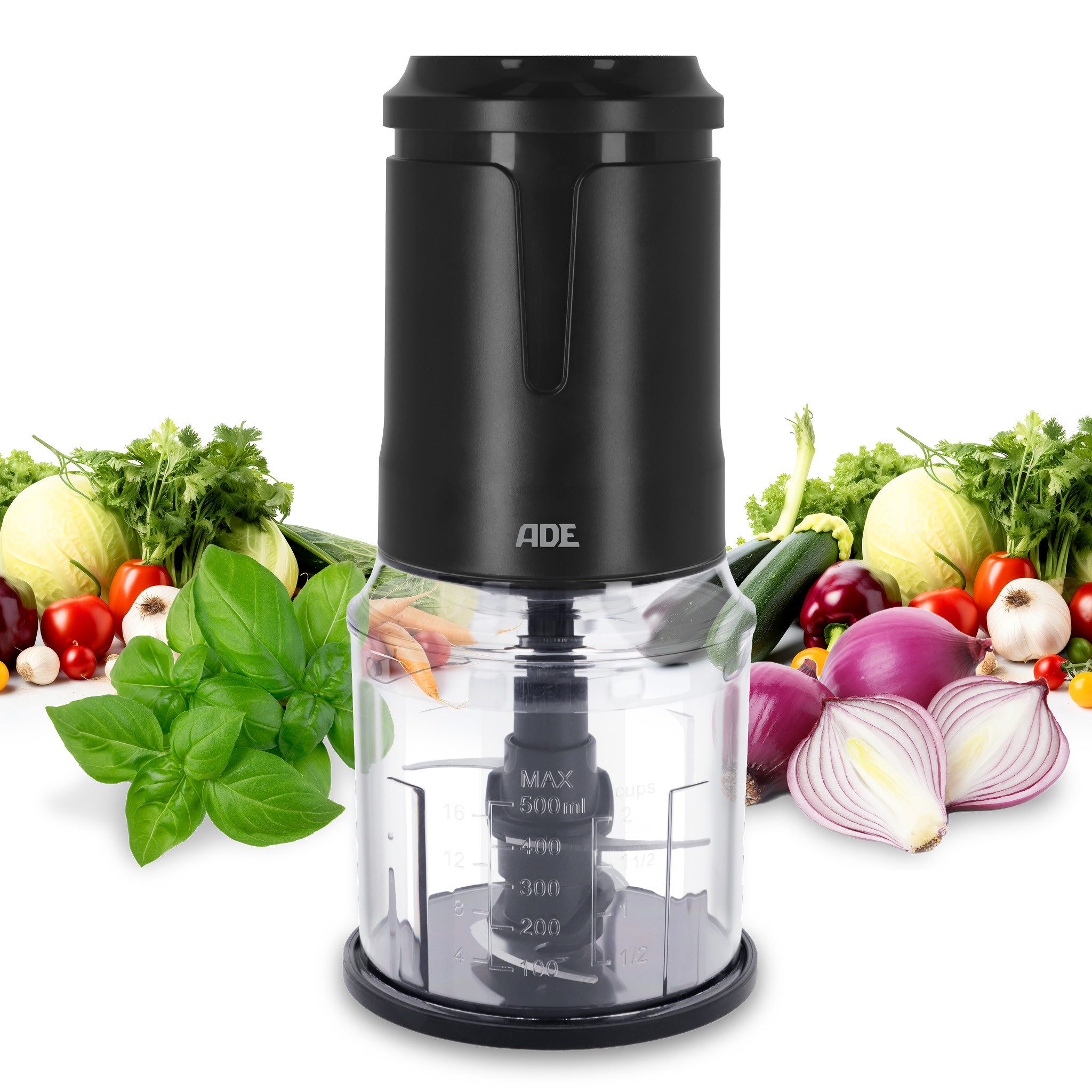 ADE Zerkleinerer Küche elektrisch, Gemüse- und Zwiebelschneider, 400 W, 4 scharfe Edelstahlklingen, 500 ml Kapazität