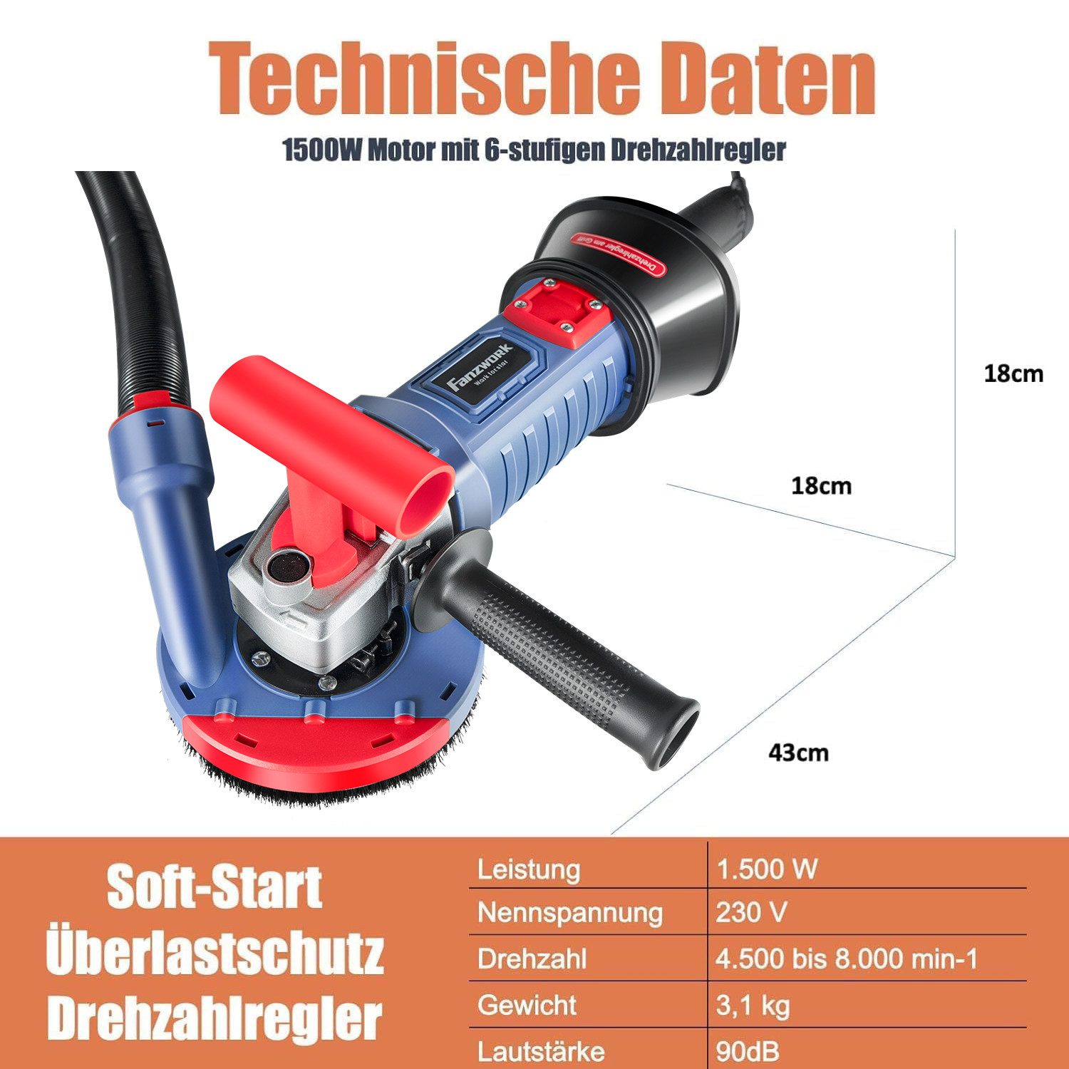 Fanzwork Winkelschleifer 1500W Betonschleifer Drehzahlregelbar, inkl.125mm Diamantschleiftopf, Ideal für Beton, Estrich und Fliesenkleber Schleifen – Bild 5 von 5