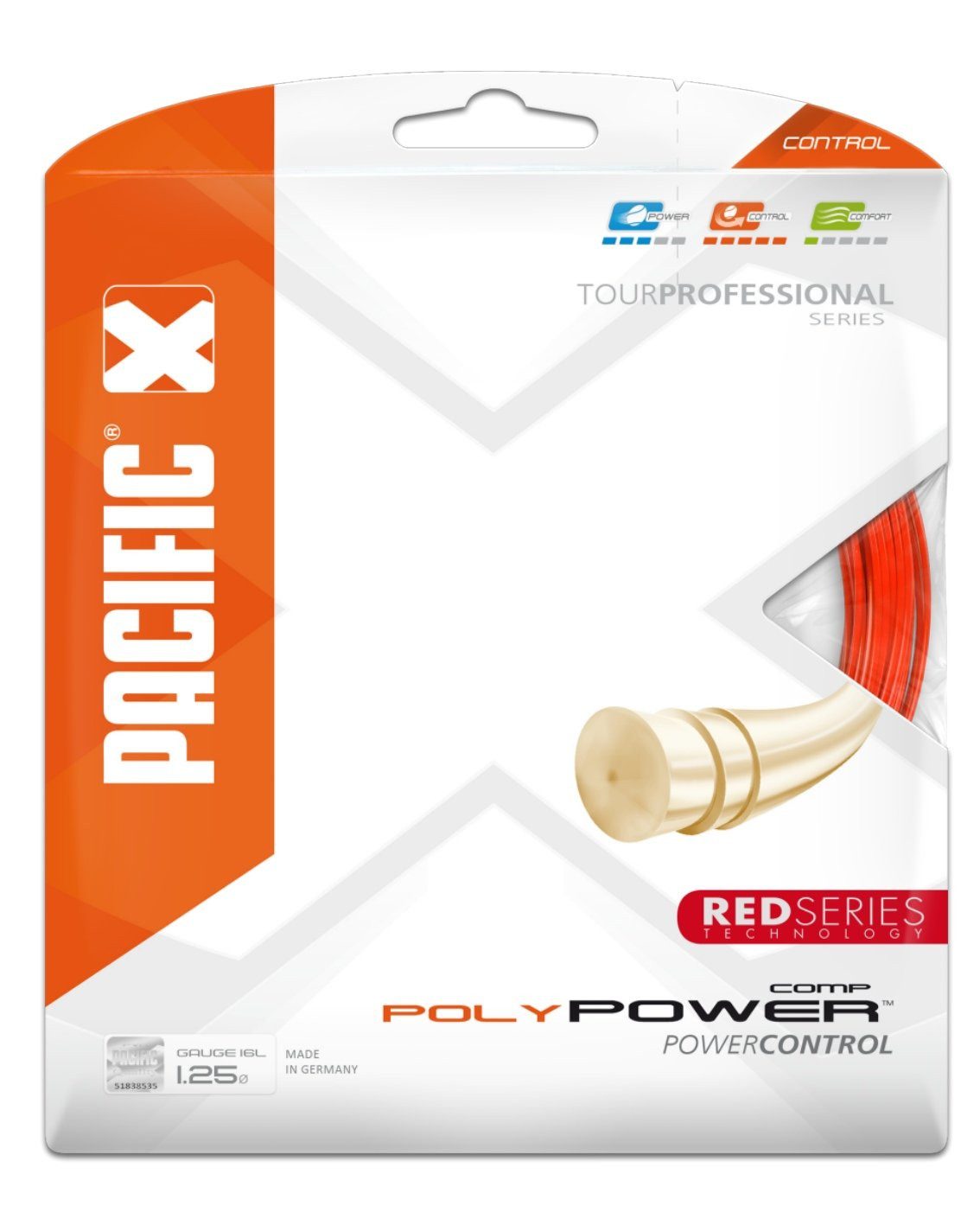 Pacific Tennissaite Poly Power Comp Red Series (Haltbarkeit) rot 12m Set, Saitendicke: 1.25