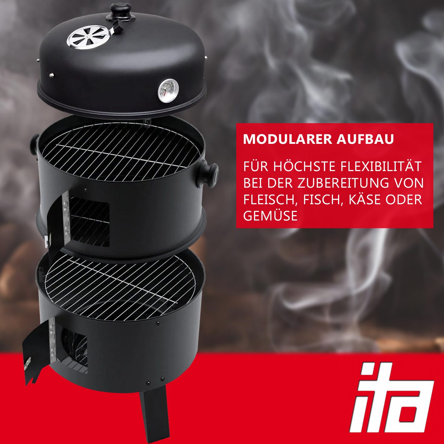 ITA Kombigrill Räuchergrill 3in1 Multifunktional - Grillen, Räuchern, Garen - Smoker, Modularer Holzkohlegrill Grilltonne mit Thermometer & Luftabzug