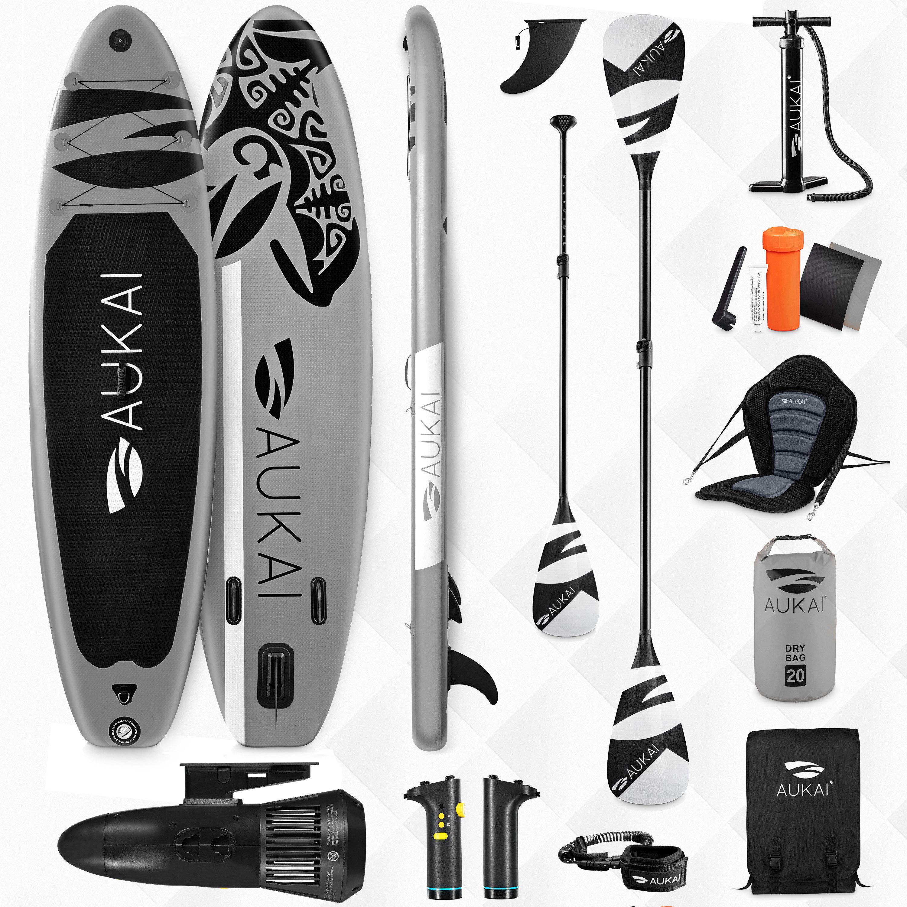 Aukai SUP-Board PRO 320cm, 2in1 Aufblasbares Stand up Paddle Set mit Kajak-Sitz, 2in1 mit Elektromotor, (Action-Cam-Halterung, Fußschlaufe, Pumpe, Rucksack, AquaBag), Komplettsett - 5 Jahre Garantie