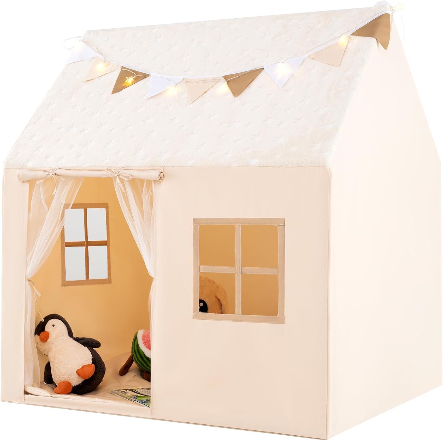 KOMFOTTEU Spielzelt Kinderspielhaus mit gepolstertem Teppich & Lichterkette günstig online kaufen