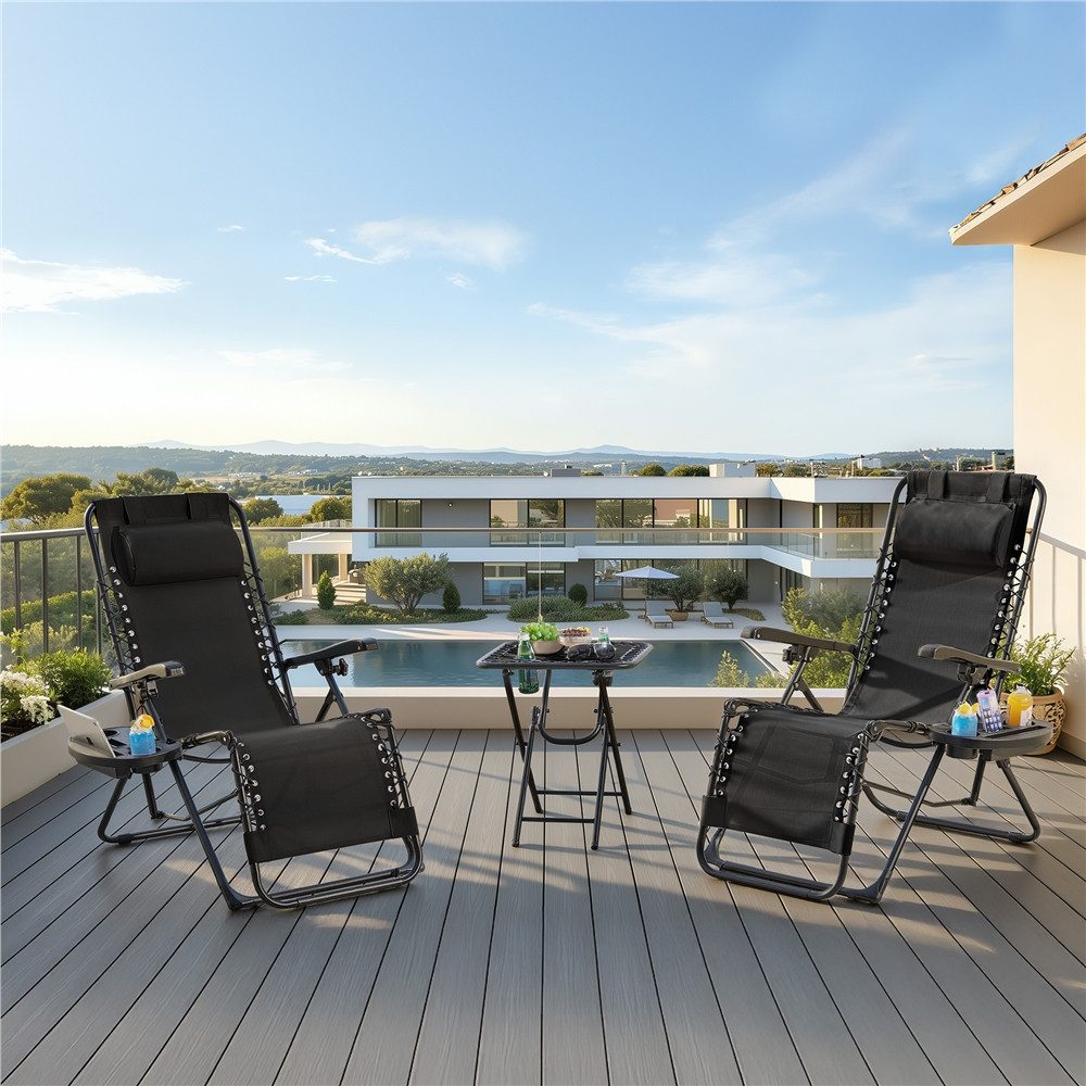Yaheetech Gartenliege 3 Stk. Gartenmöbel-Set aus Zero-Gravity-Liegestuhl & Klapptisch, 2 × Gartenliege, 1 × Klapptisch, Relaxliege Klappbar & Tragbar mit Auflage & Becherhalter & Kopfkissen