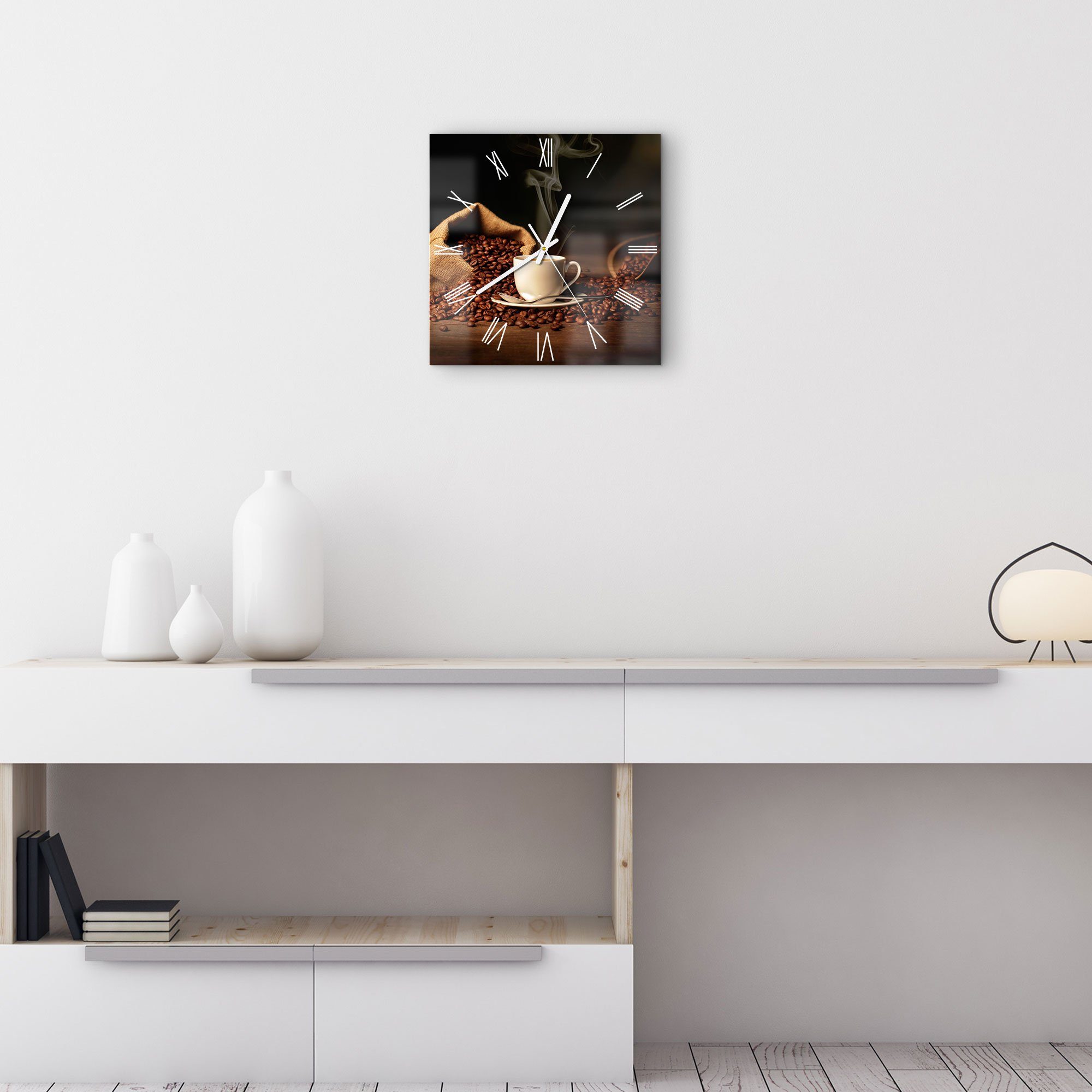 DEQORI Wanduhr 'Kaffeetasse mit Bohnen' (Glas Glasuhr modern Wand Uhr Design Küchenuhr)