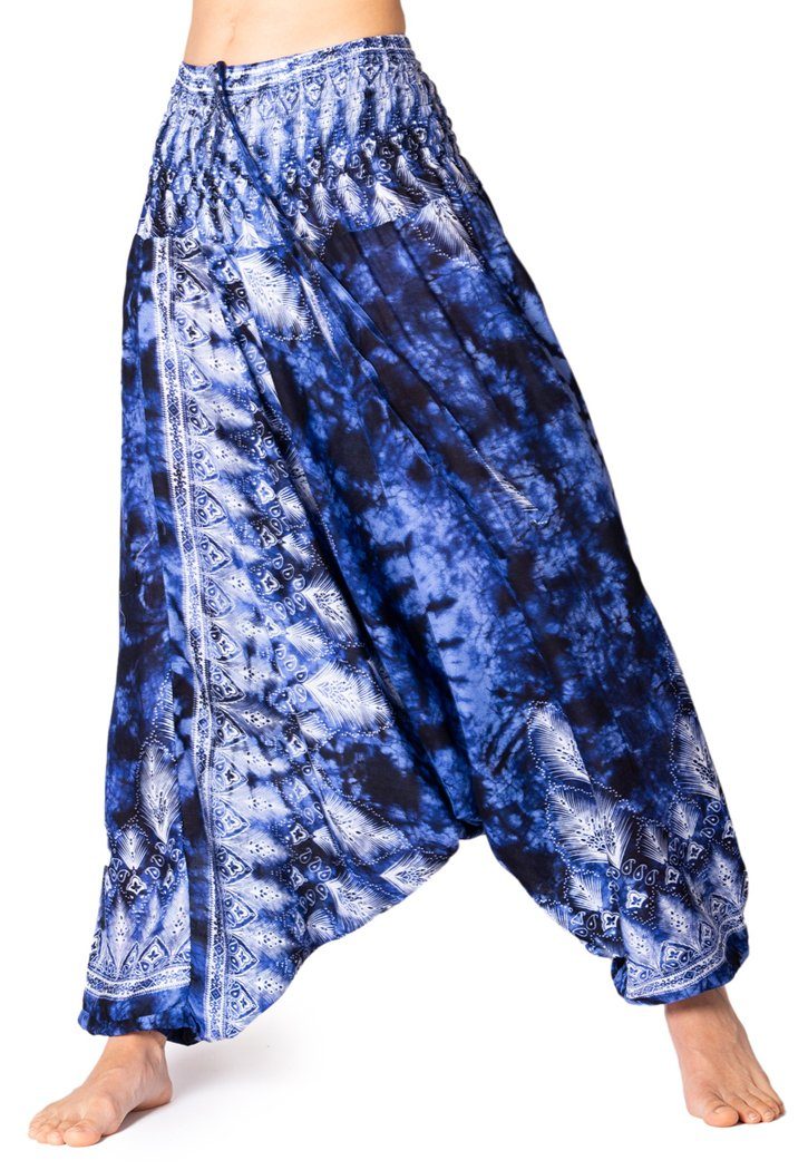 PANASIAM Pumphose Aladinhose Batik Optik Haremshose aus 100% natürlicher Viskose farbenfrohe Freizeithose bequeme Sommerhose Pumphose Pluderhose Blau