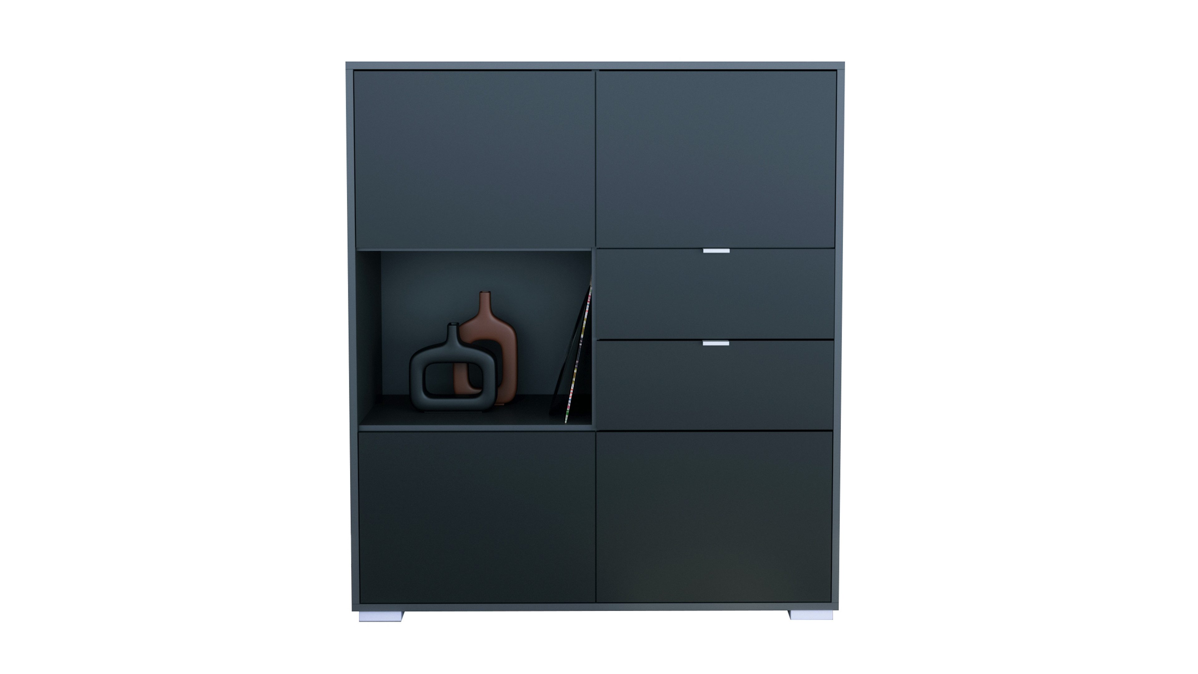 Vladon Highboard Milano V1 (Highboard mit 4 Tür Schwarz matt, 2 Schubladen Schwarz matt, Made in Germany), Korpus Anthrazit matt (103 x 118 x 37 cm)