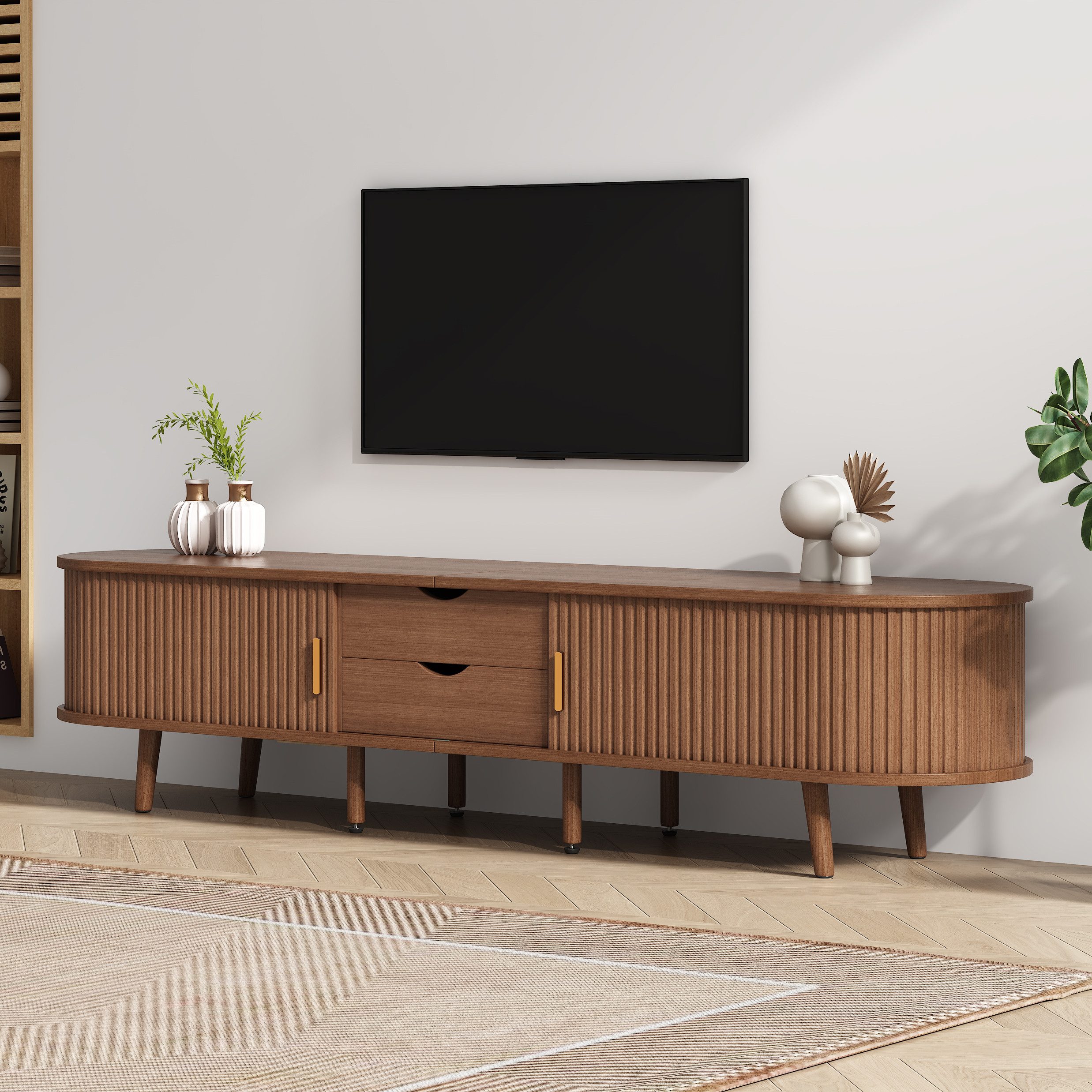 Merax Lowboard mit Massivholzfüßen, Ovaler Fernsehschrank (1 St., 175x40x42 cm), TV-Schrank mit 2 Schubladen, Schiebetüren & verstellbaren Trennwänden