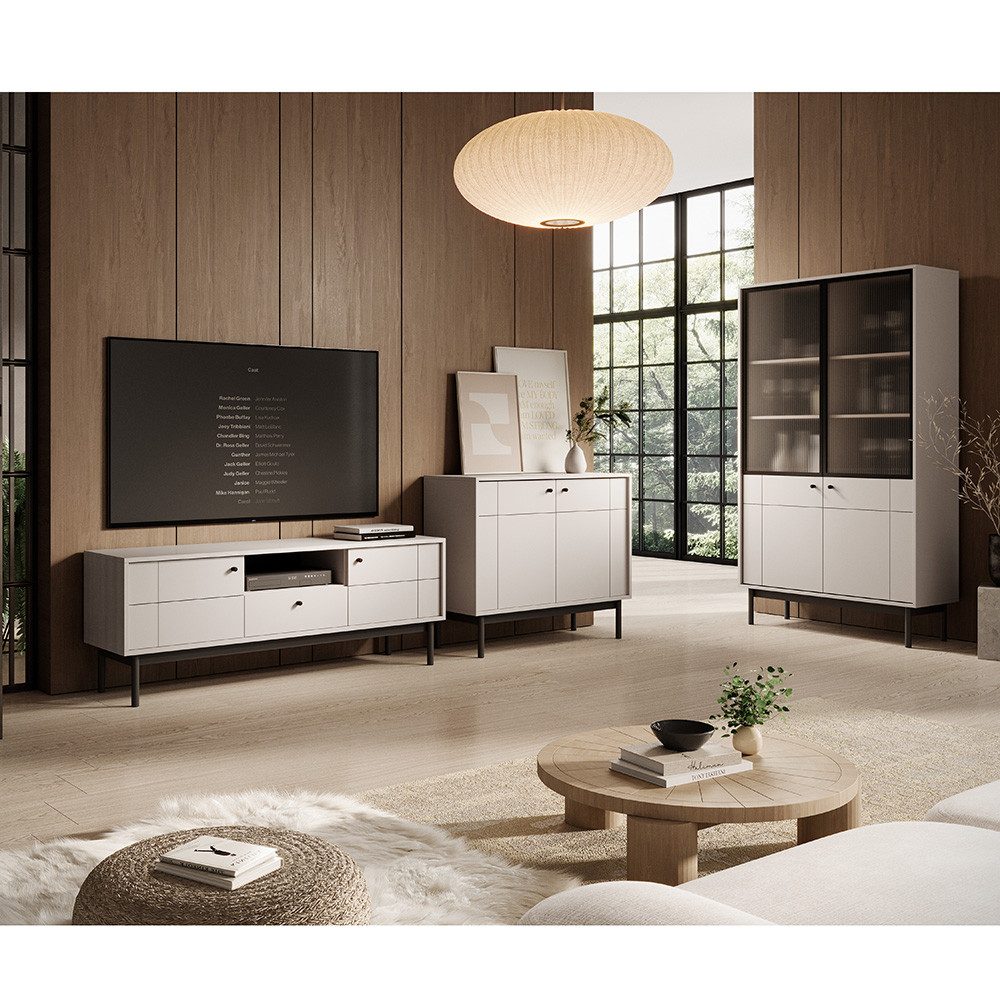 Lomadox Wohnzimmer-Set JANTAR-160, (Mega-Spar-Set, 3-St., TV-Lowboard Kommode Vitrinenschrank), in kaschmir, schwarzen Holzfüßen, Softclose, 3-teilig