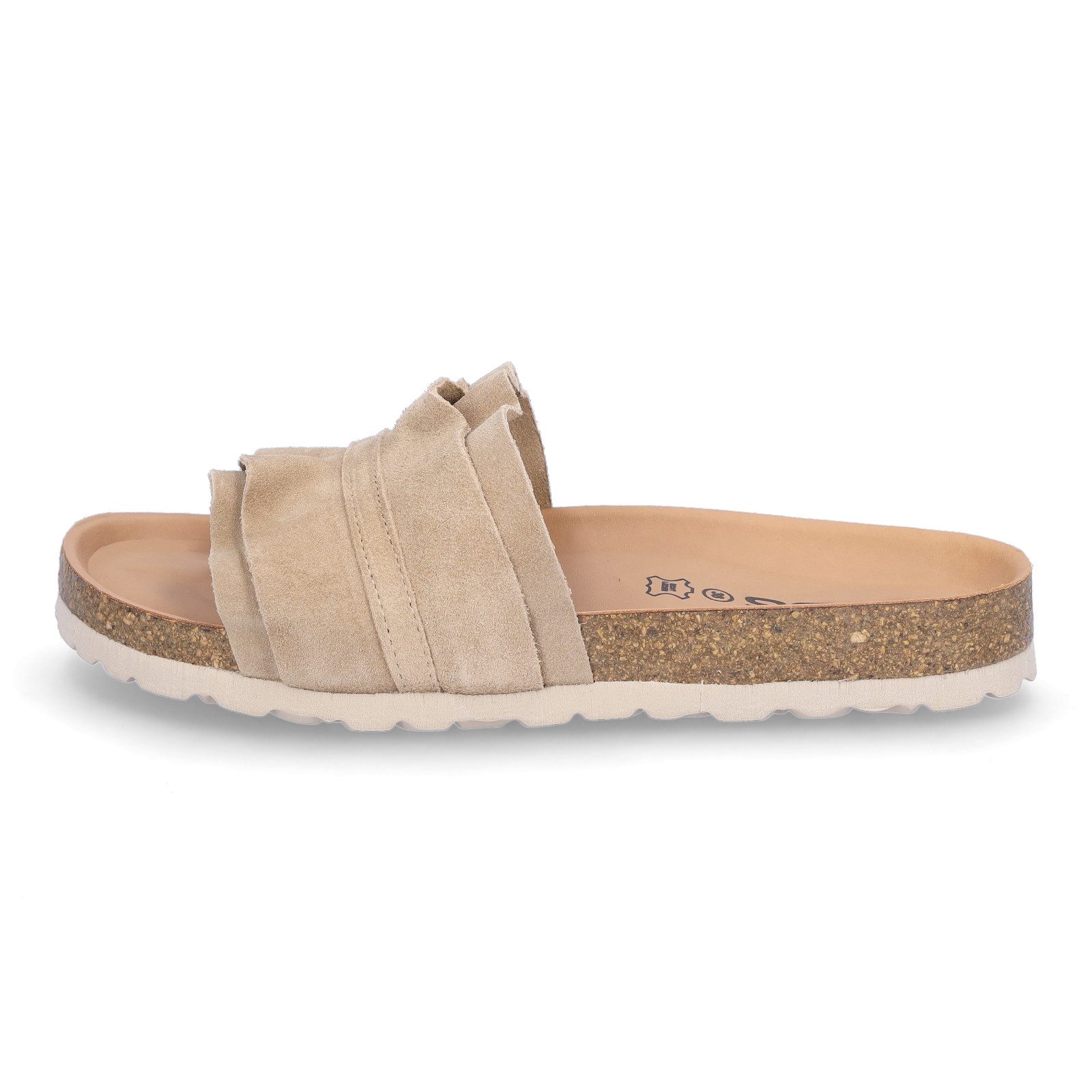 MIDS MIRABEL Damen Pantolette beige aus Velourleder mit Rüschenriemen, Lederfußbett & Korksohle
