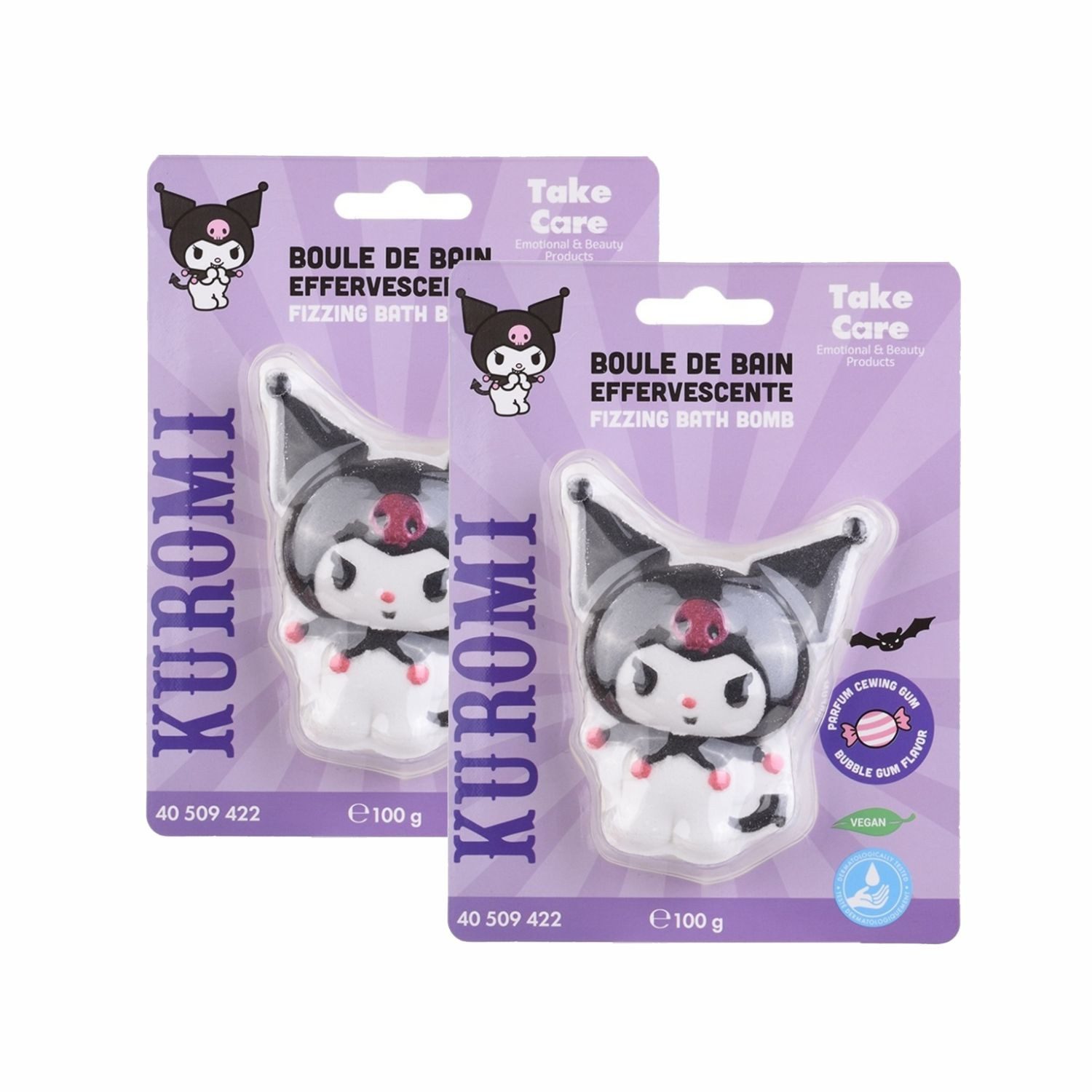 HF Home Flair Badekugel 2x Kuromi Badebombe - große Badekugel, 2-tlg., Kuromi Badekugel - Bubble Gum Duft - Vegan - 100g