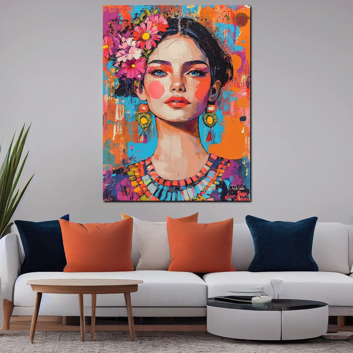 Artedinoi Leinwandbild Pop Art Frau Frida jung mit Blumen modern Leinwandbild Wandbild XL Wan, Junge Frida Kahlo mit Blumen