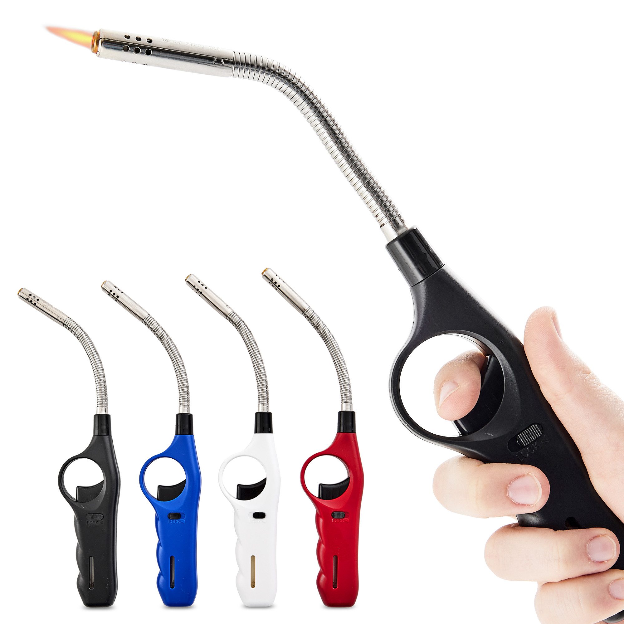 TOM Feuerzeuge 4 x Stabfeuerzeug Nachfüllbar Sturmfeuerzeug Flexibler Stab (4-St), 29 cm - Turbo Flamme - Gas-Füllstandsanzeige