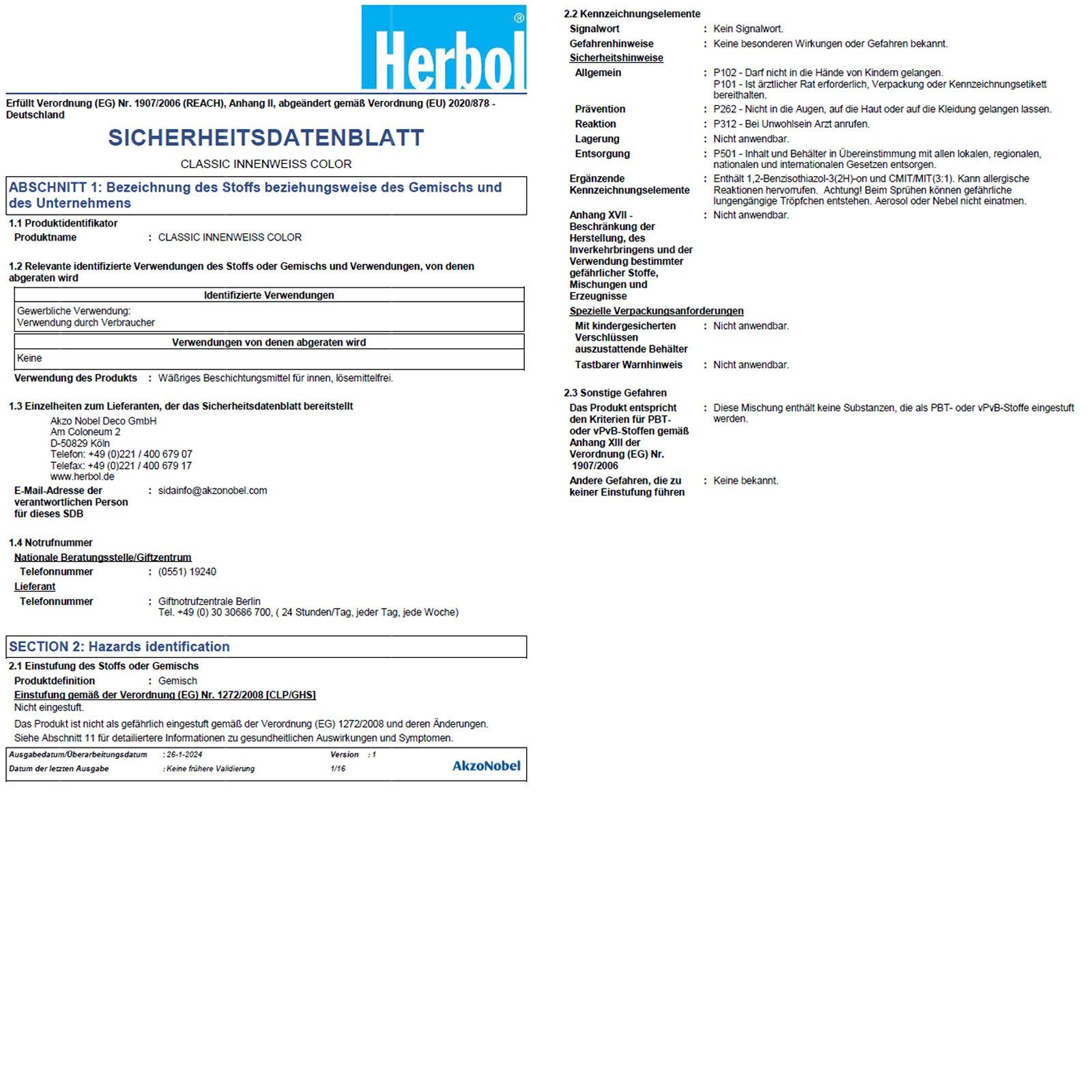 Herbol Wand- und Deckenfarbe Herbol Classic Innenweiss Color 12,5 LTR